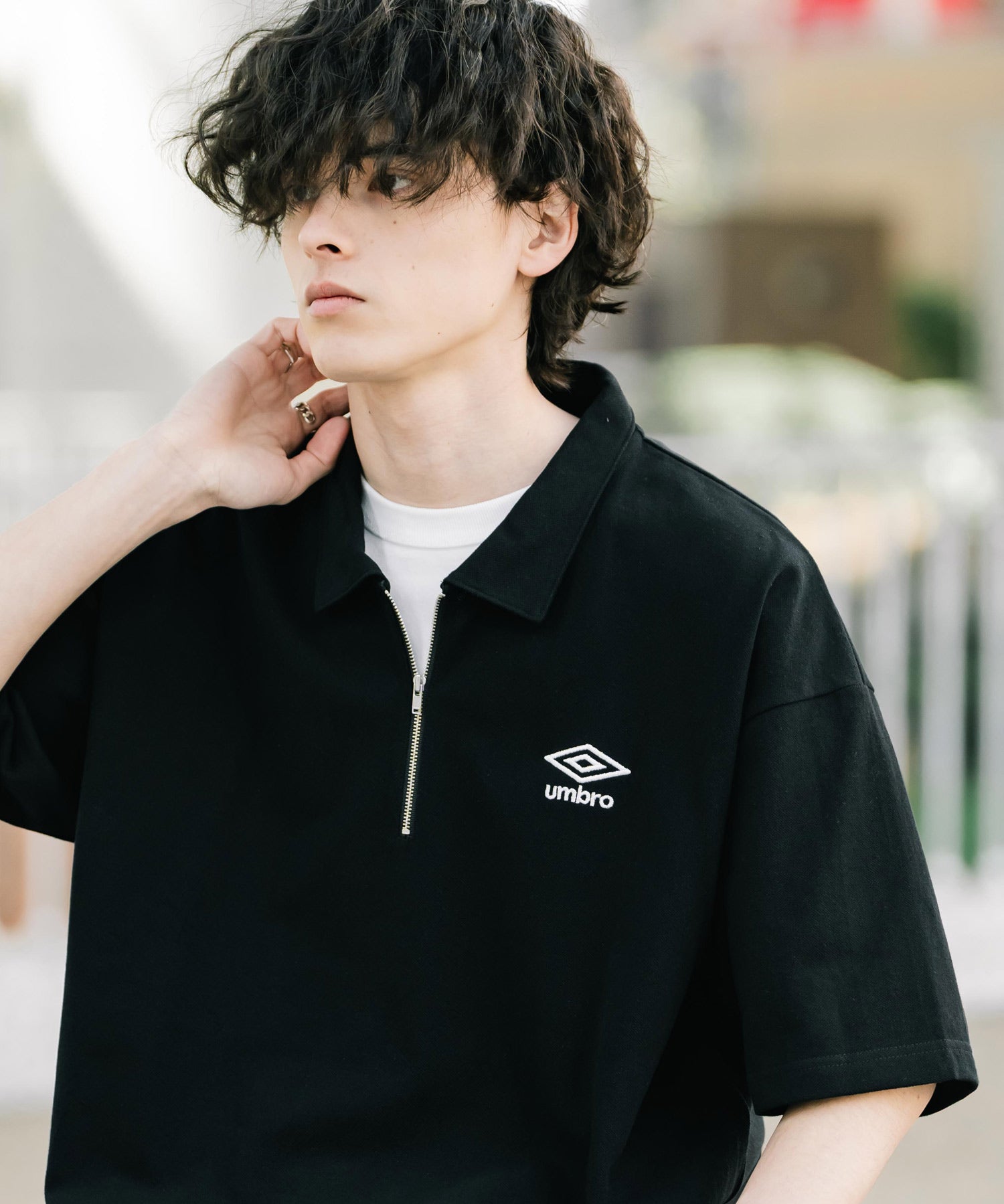 UMBRO アンブロ 別注コラボ オーバーサイズ鹿の子ワンポイントロゴ刺繍ハーフジップ半袖ポロシャツ 15347