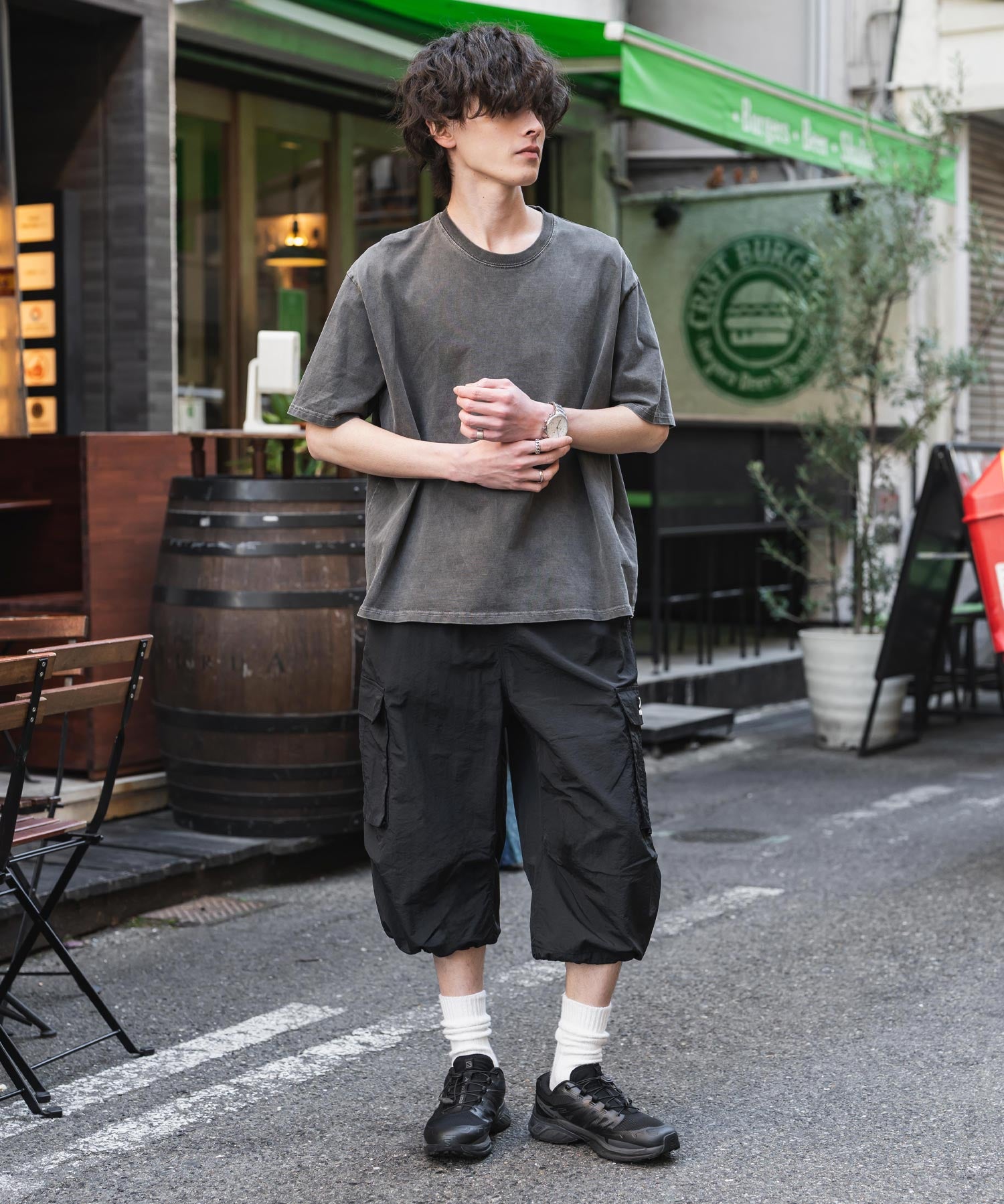 UMBRO アンブロ 別注コラボ 膝下丈 ワンポイントロゴ刺繍ナイロンワイドカーゴハーフパンツ 15348