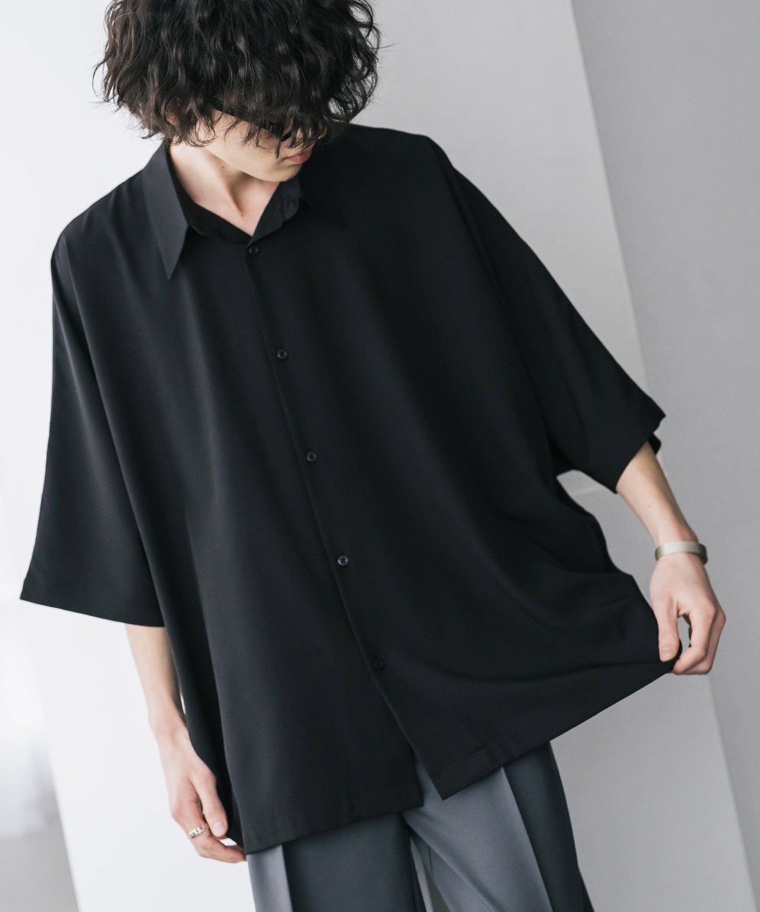 接触冷感 とろみビッグシルエットドルマン半袖シャツ 15365