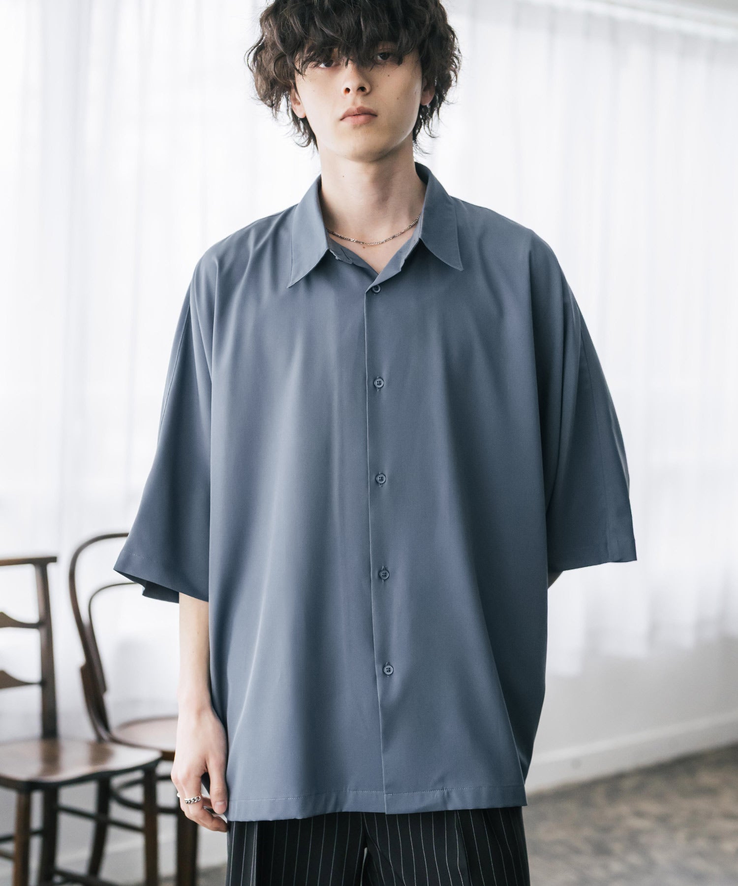 接触冷感 とろみビッグシルエットドルマン半袖シャツ 15365