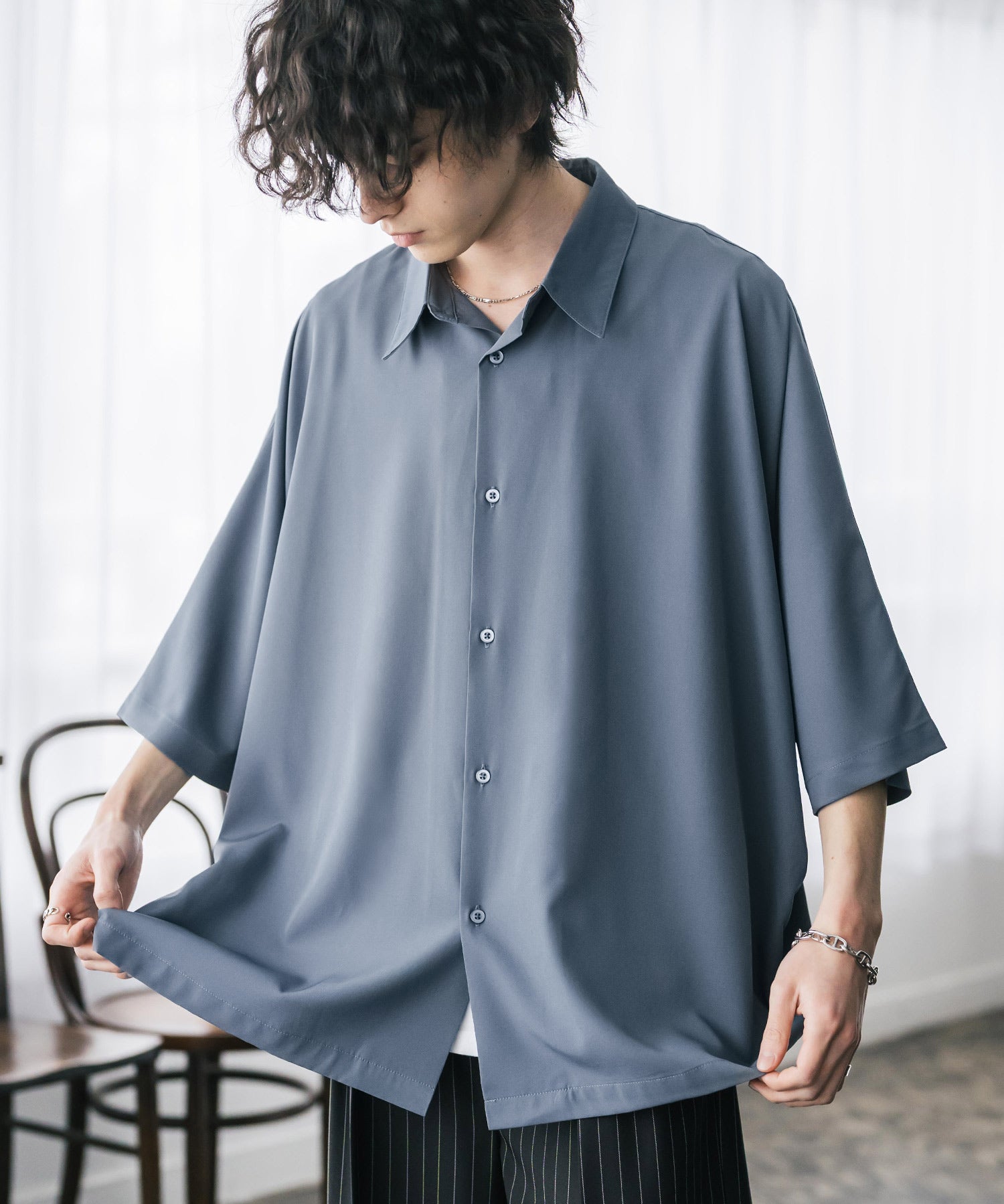 接触冷感 とろみビッグシルエットドルマン半袖シャツ 15365