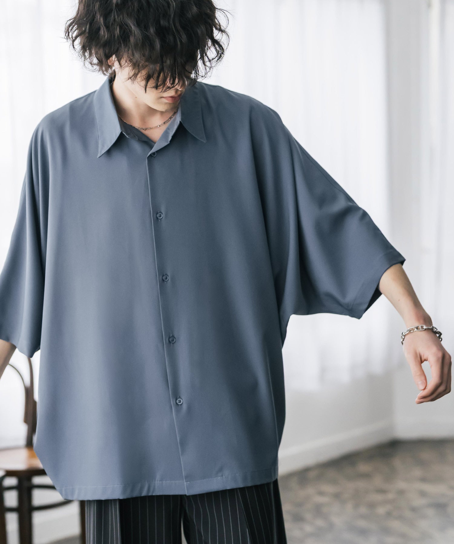 接触冷感 とろみビッグシルエットドルマン半袖シャツ 15365