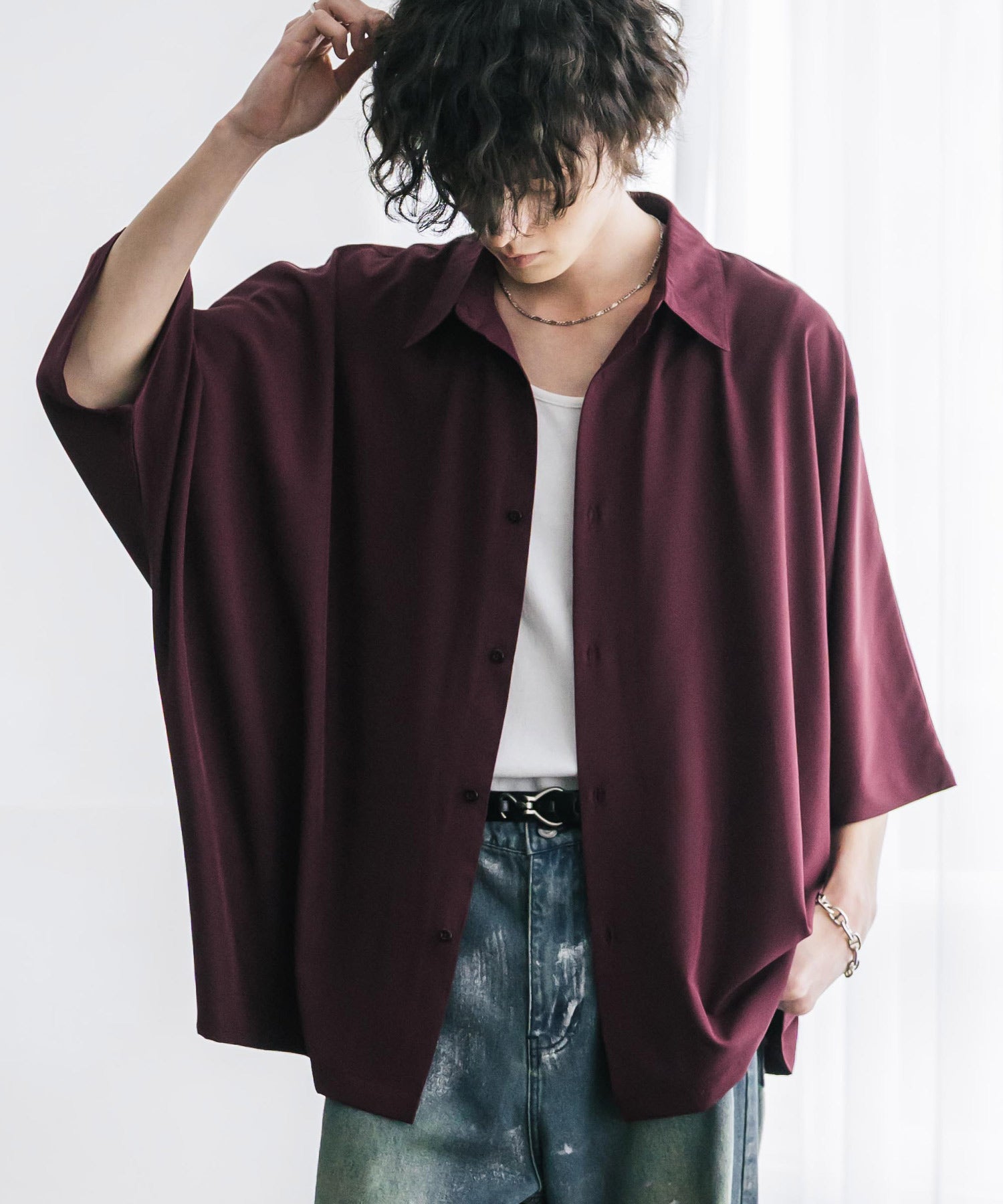 接触冷感 とろみビッグシルエットドルマン半袖シャツ 15365