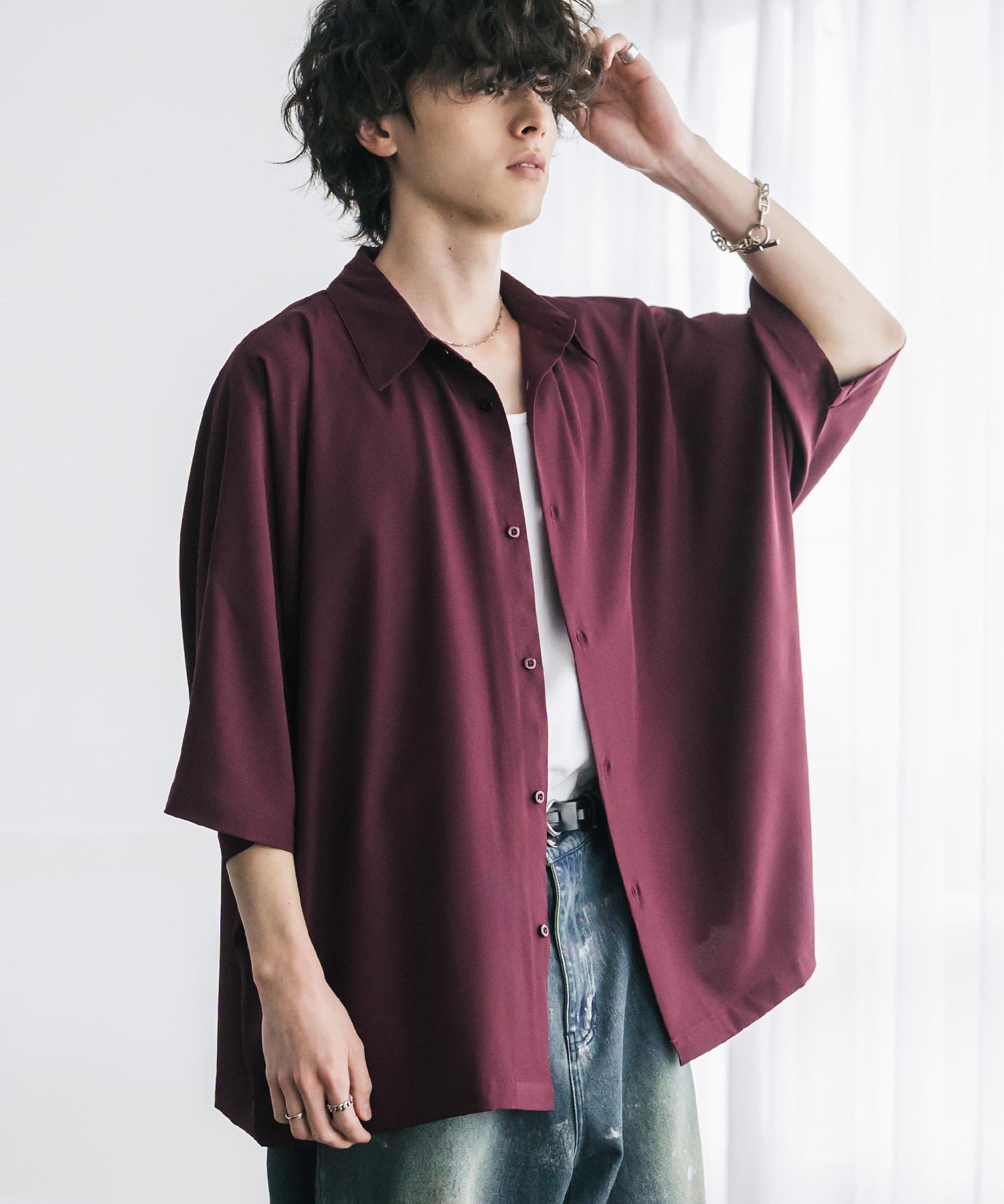 接触冷感 とろみビッグシルエットドルマン半袖シャツ 15365