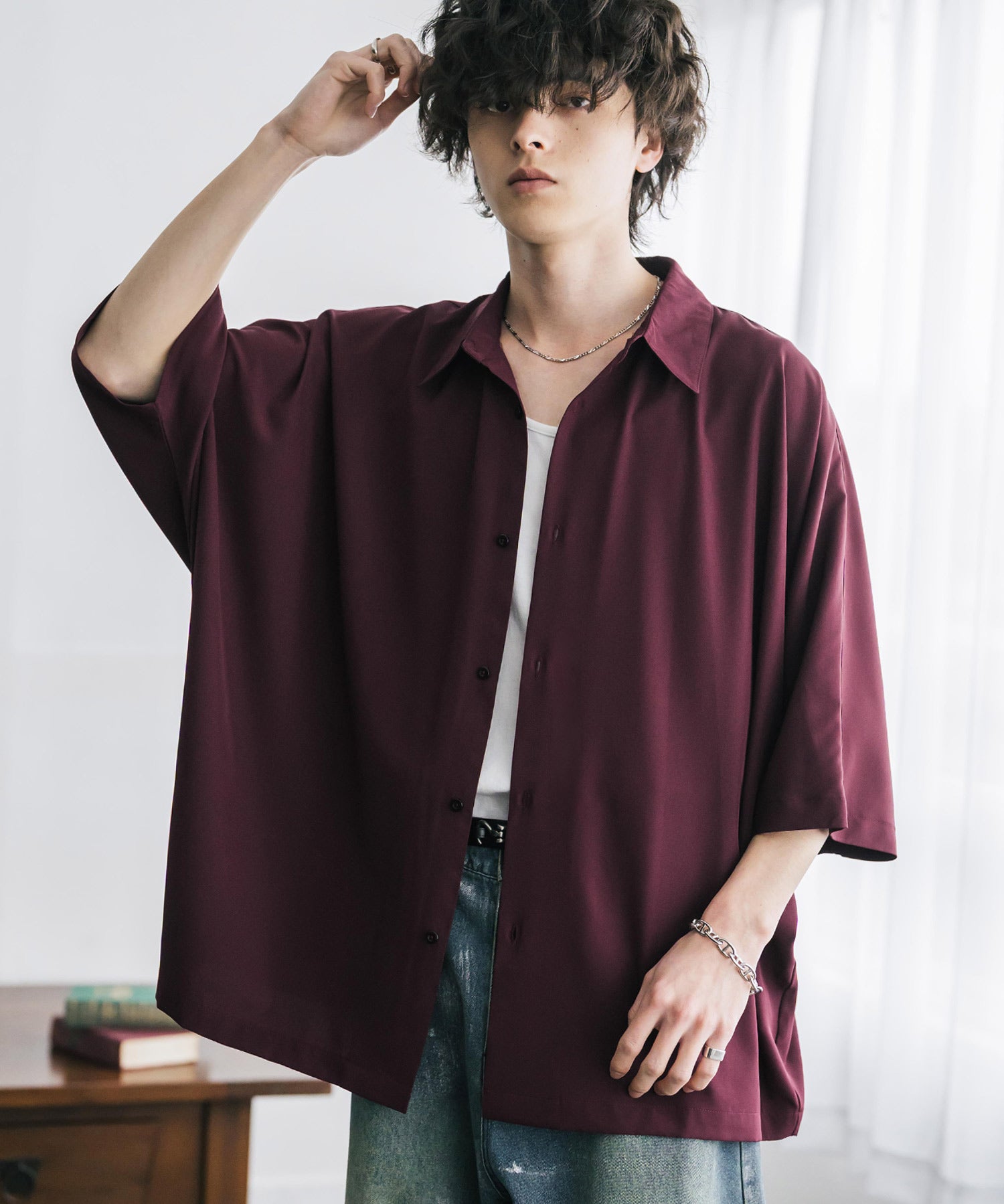 接触冷感 とろみビッグシルエットドルマン半袖シャツ 15365