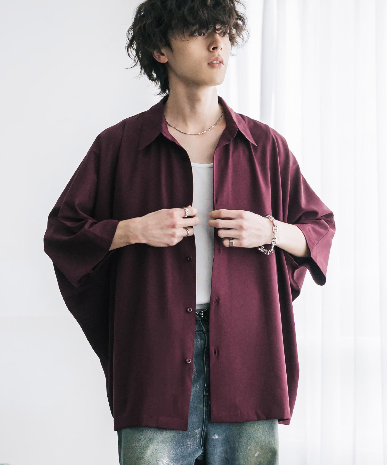 接触冷感 とろみビッグシルエットドルマン半袖シャツ 15365