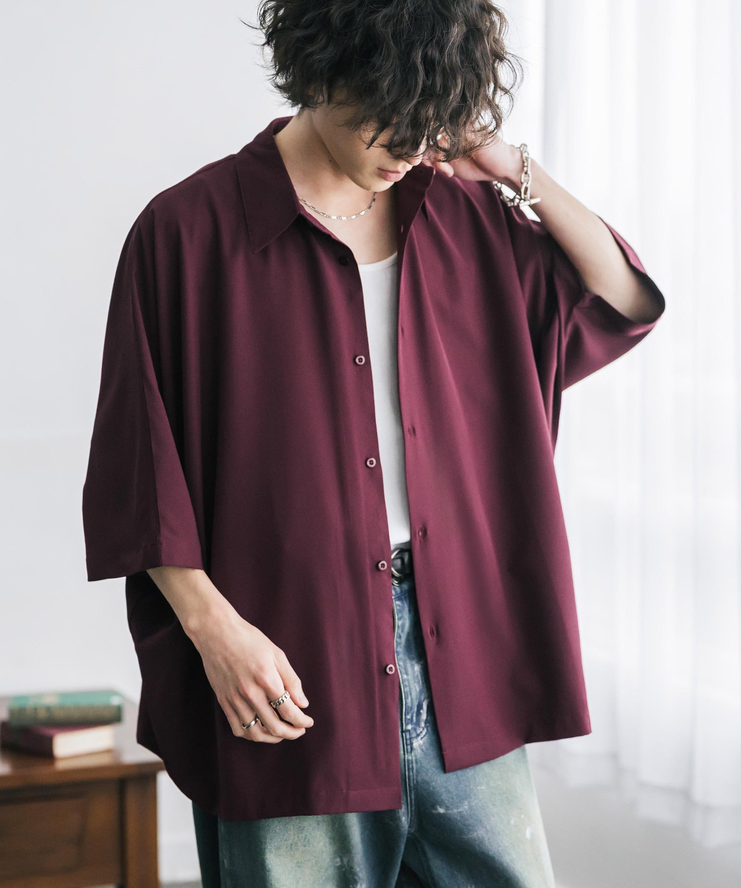 接触冷感 とろみビッグシルエットドルマン半袖シャツ 15365