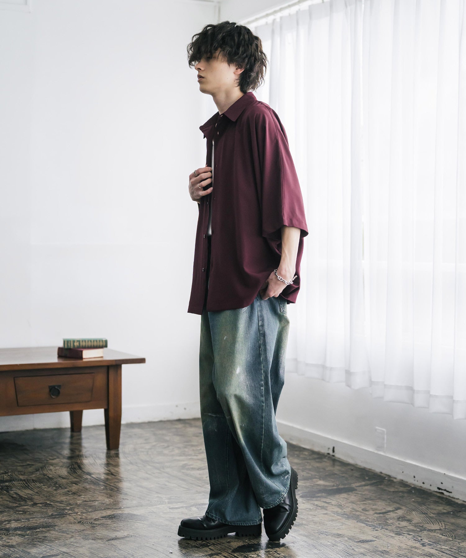 接触冷感 とろみビッグシルエットドルマン半袖シャツ 15365