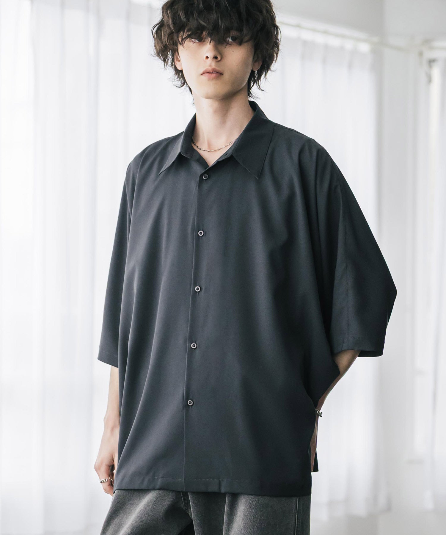 接触冷感 とろみビッグシルエットドルマン半袖シャツ 15365