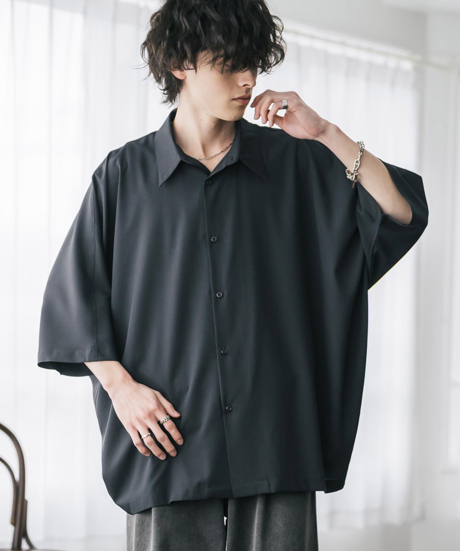 接触冷感 とろみビッグシルエットドルマン半袖シャツ 15365