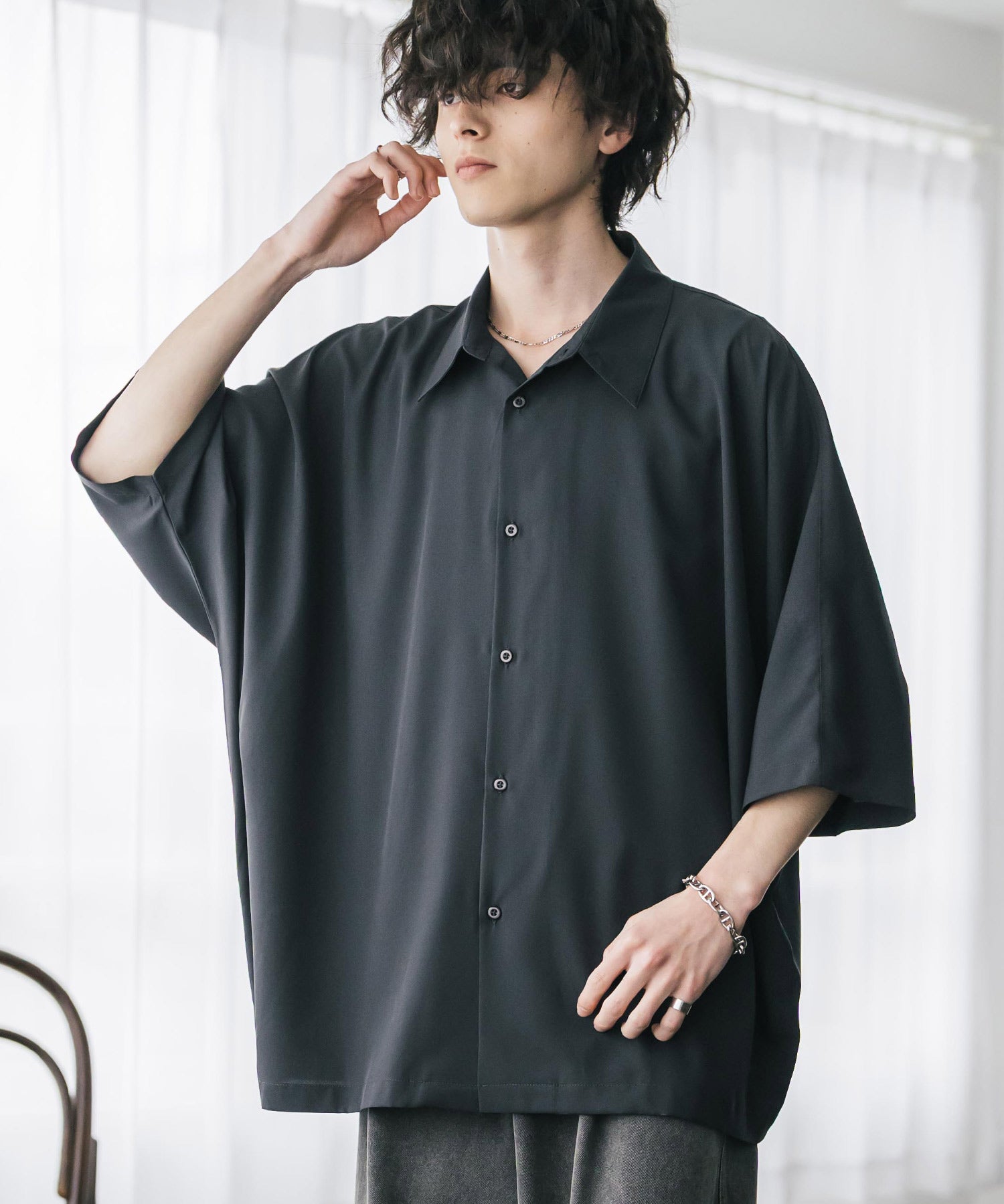 接触冷感 とろみビッグシルエットドルマン半袖シャツ 15365