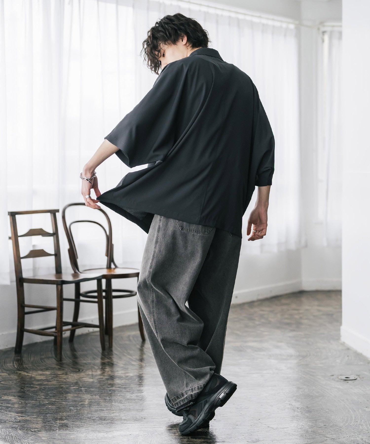 接触冷感 とろみビッグシルエットドルマン半袖シャツ 15365