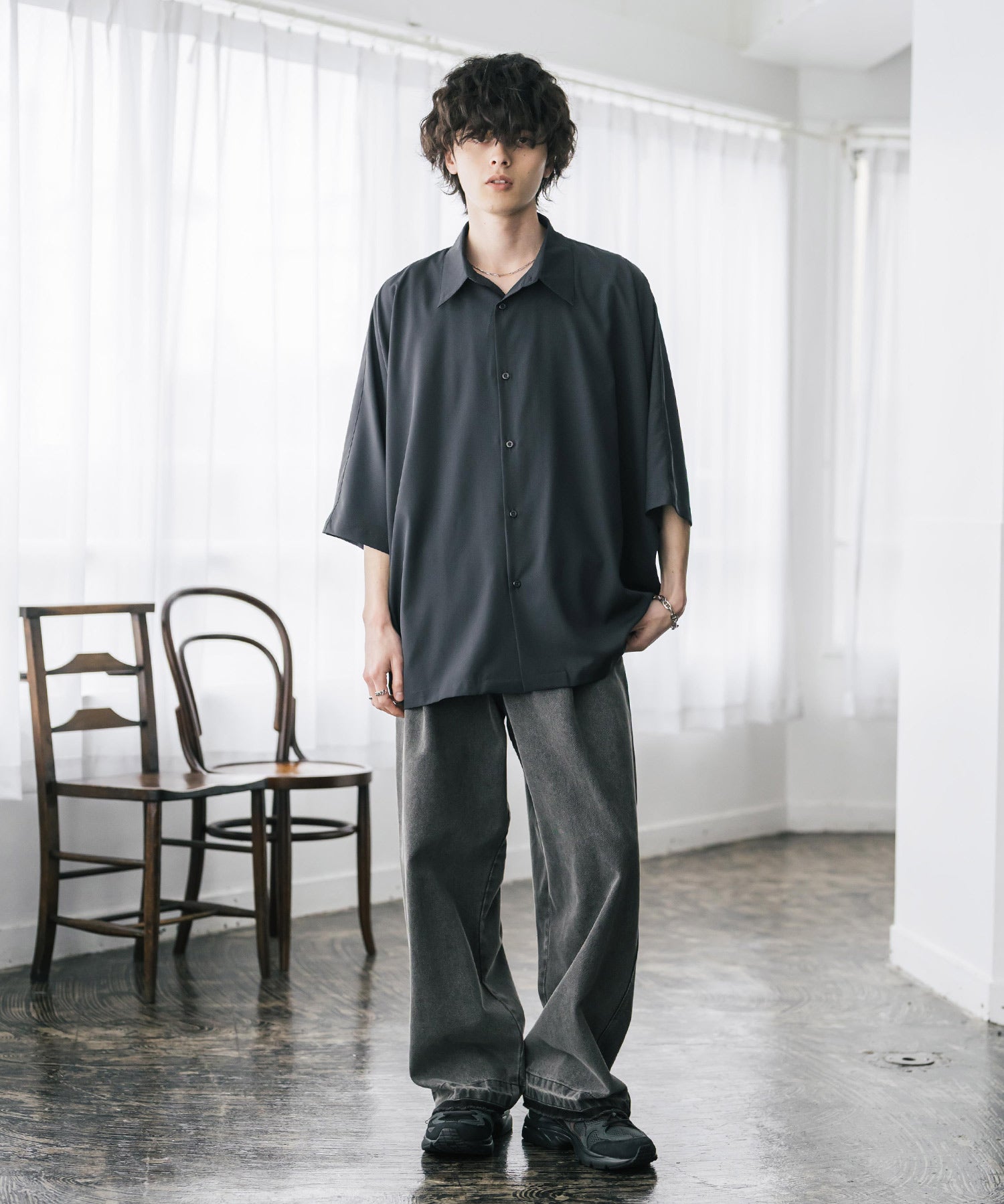 接触冷感 とろみビッグシルエットドルマン半袖シャツ 15365