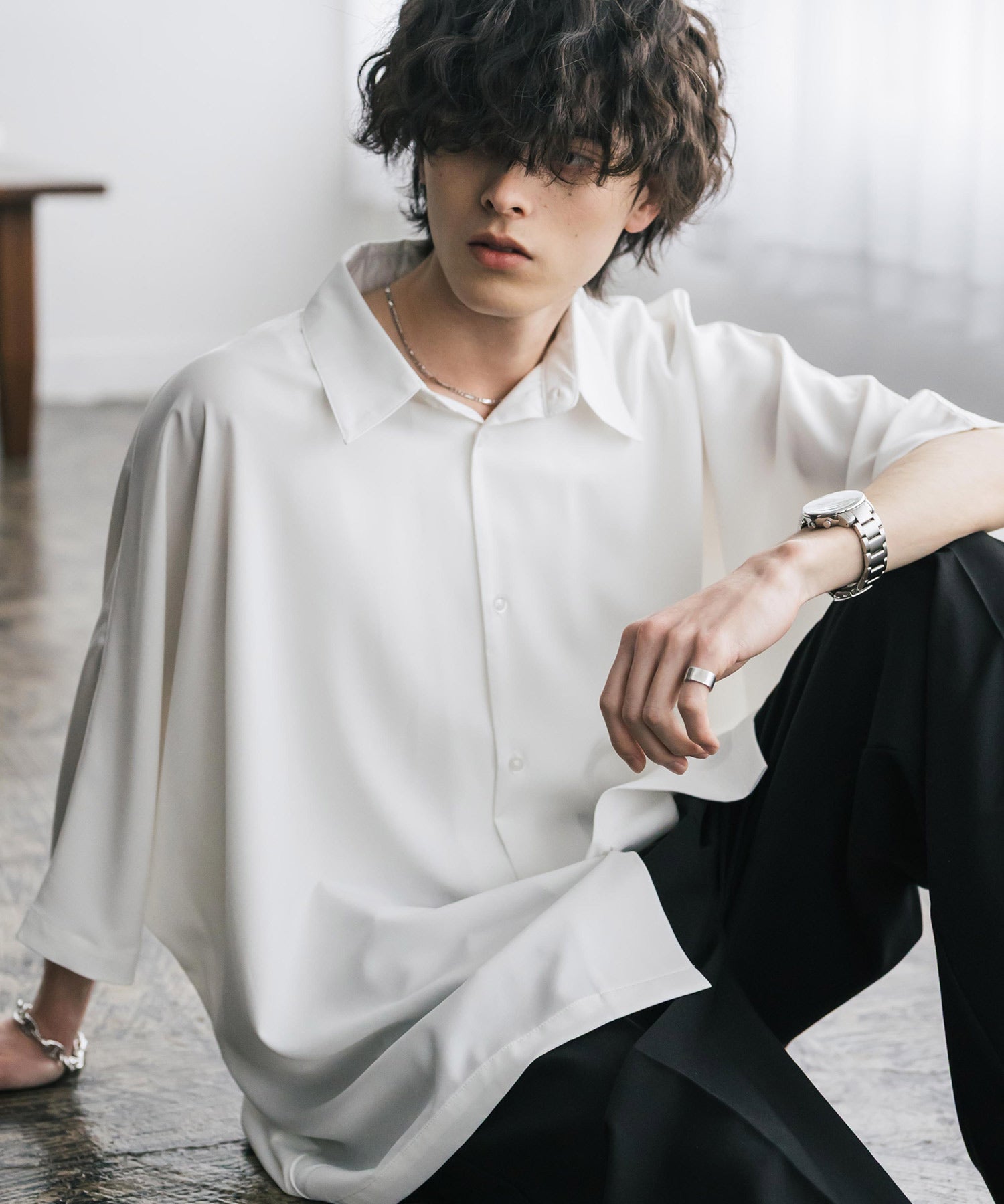 接触冷感 とろみビッグシルエットドルマン半袖シャツ 15365