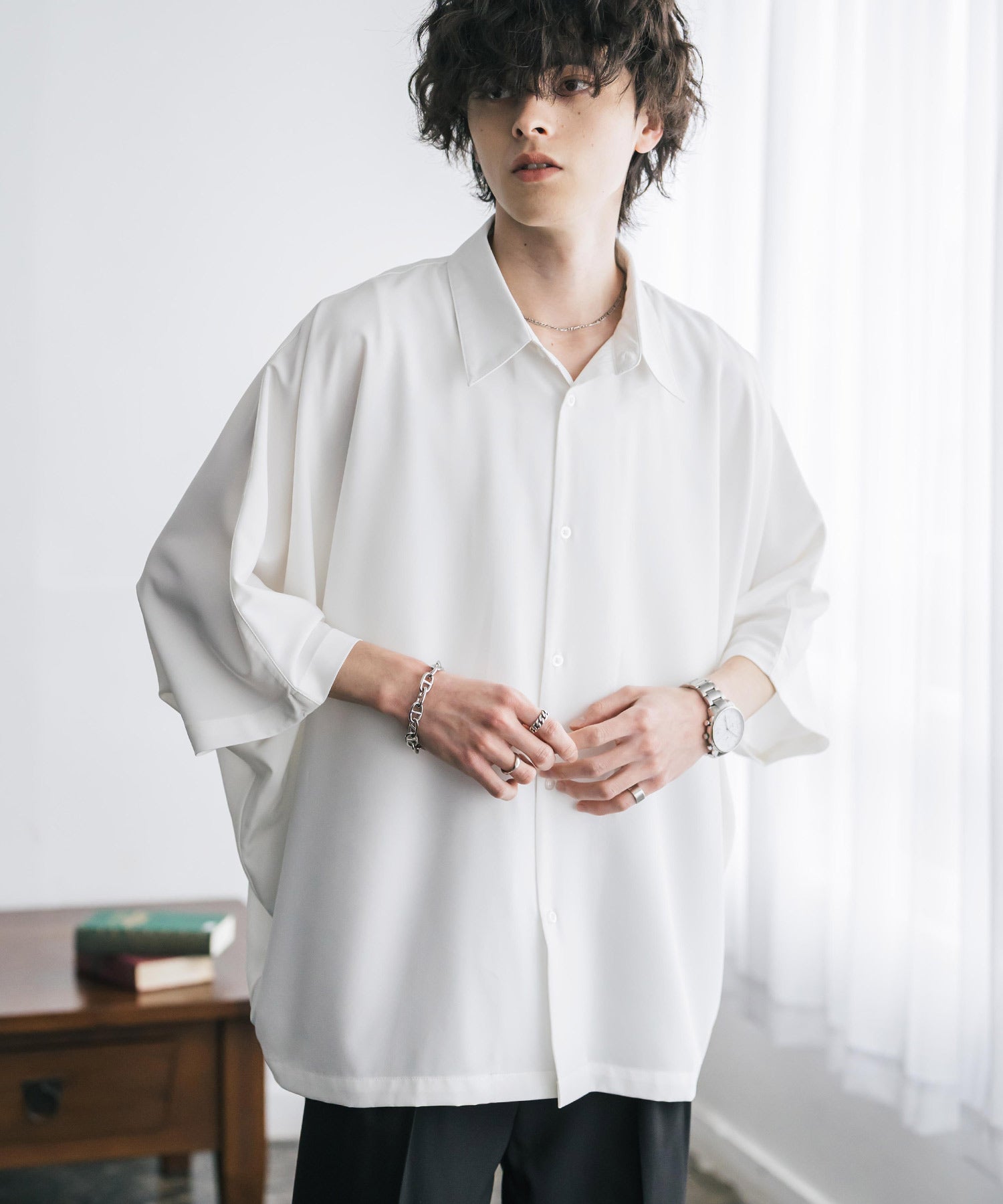 接触冷感 とろみビッグシルエットドルマン半袖シャツ 15365