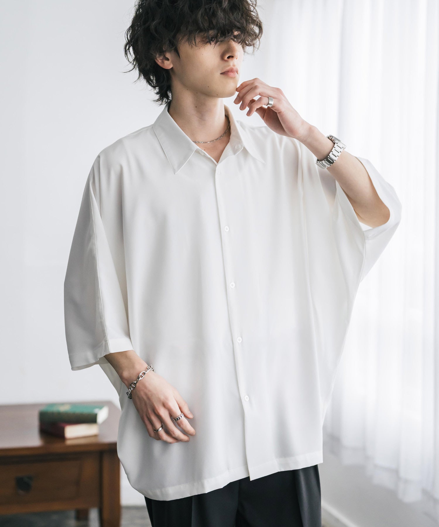 接触冷感 とろみビッグシルエットドルマン半袖シャツ 15365