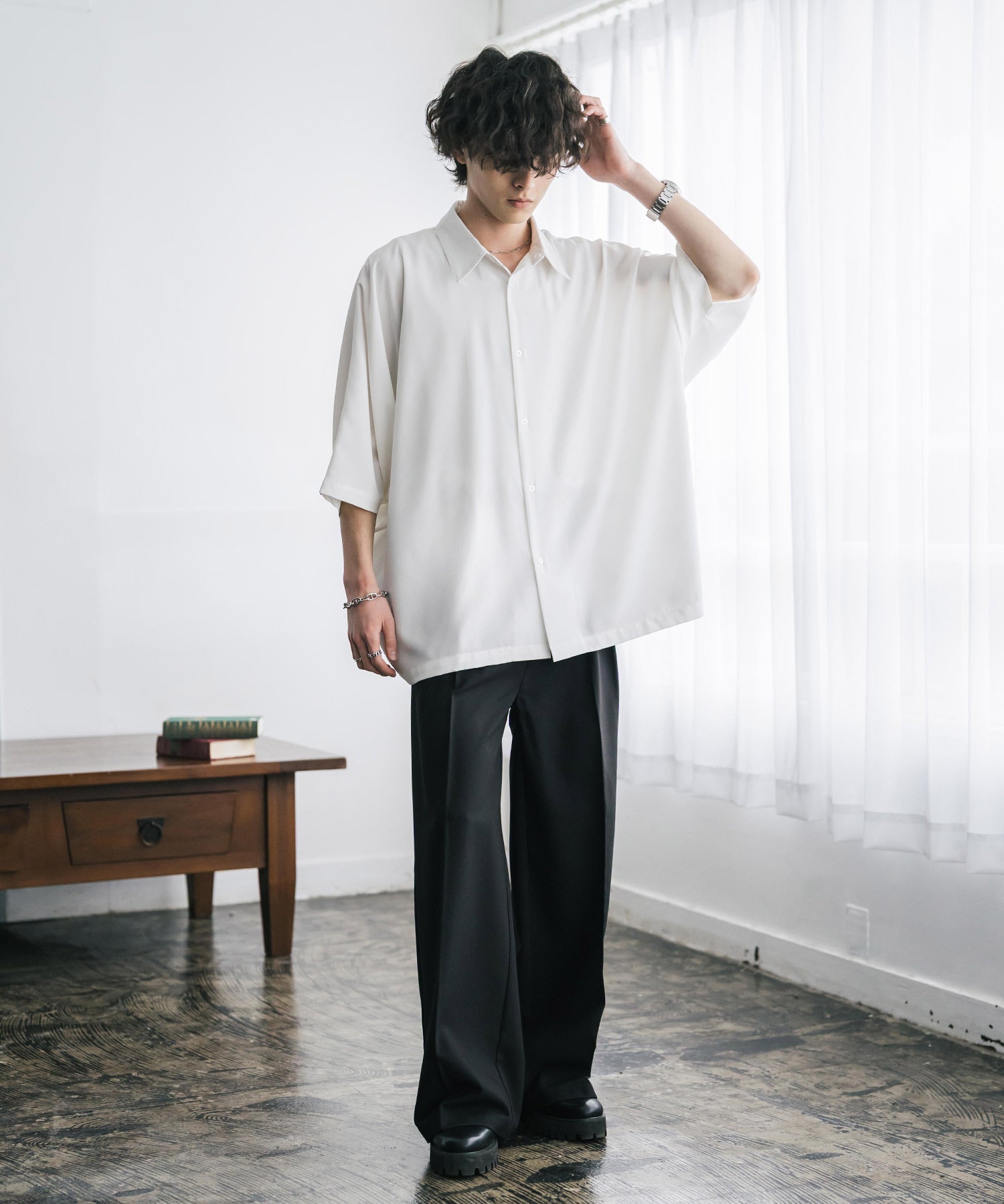 接触冷感 とろみビッグシルエットドルマン半袖シャツ 15365