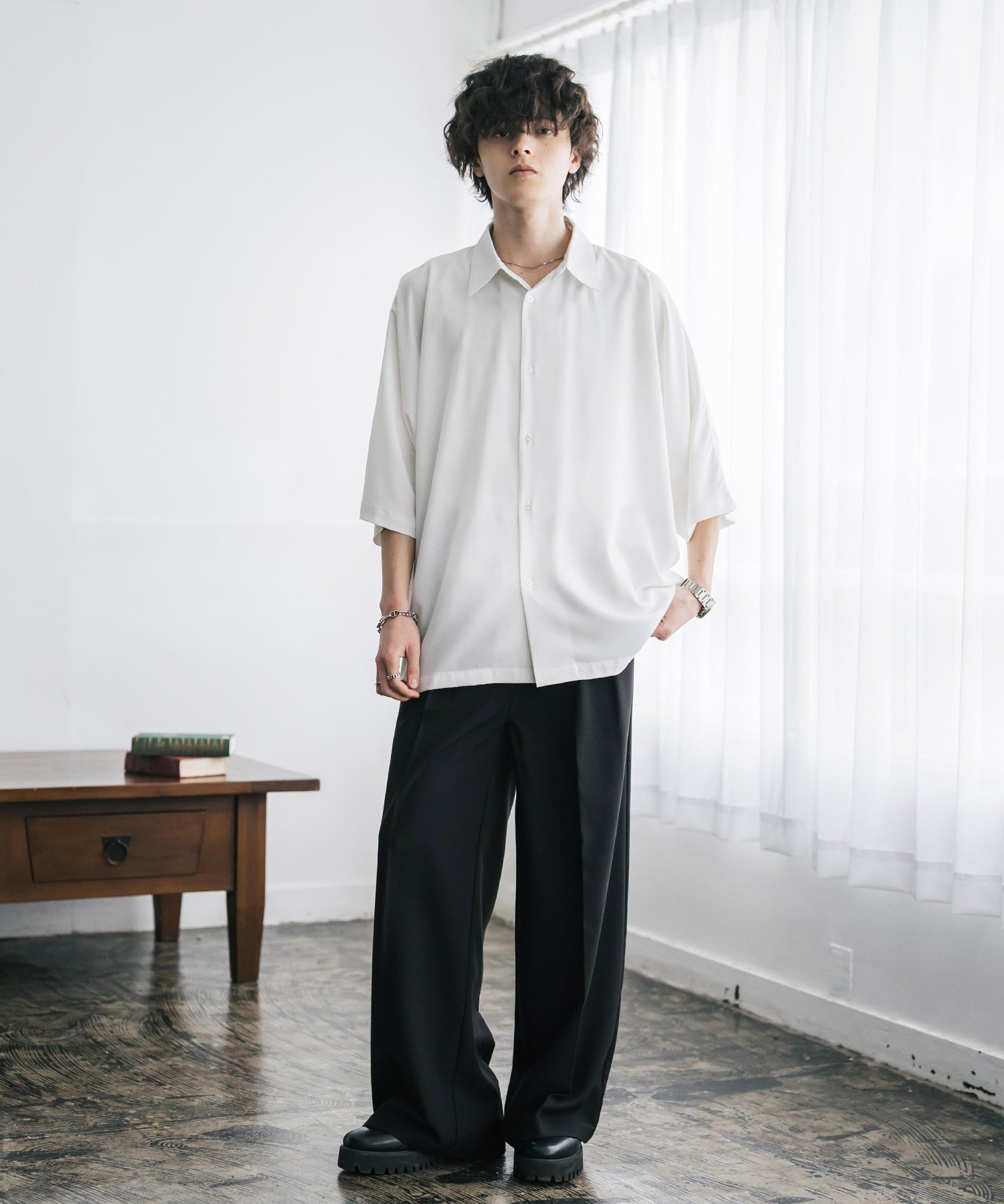 接触冷感 とろみビッグシルエットドルマン半袖シャツ 15365