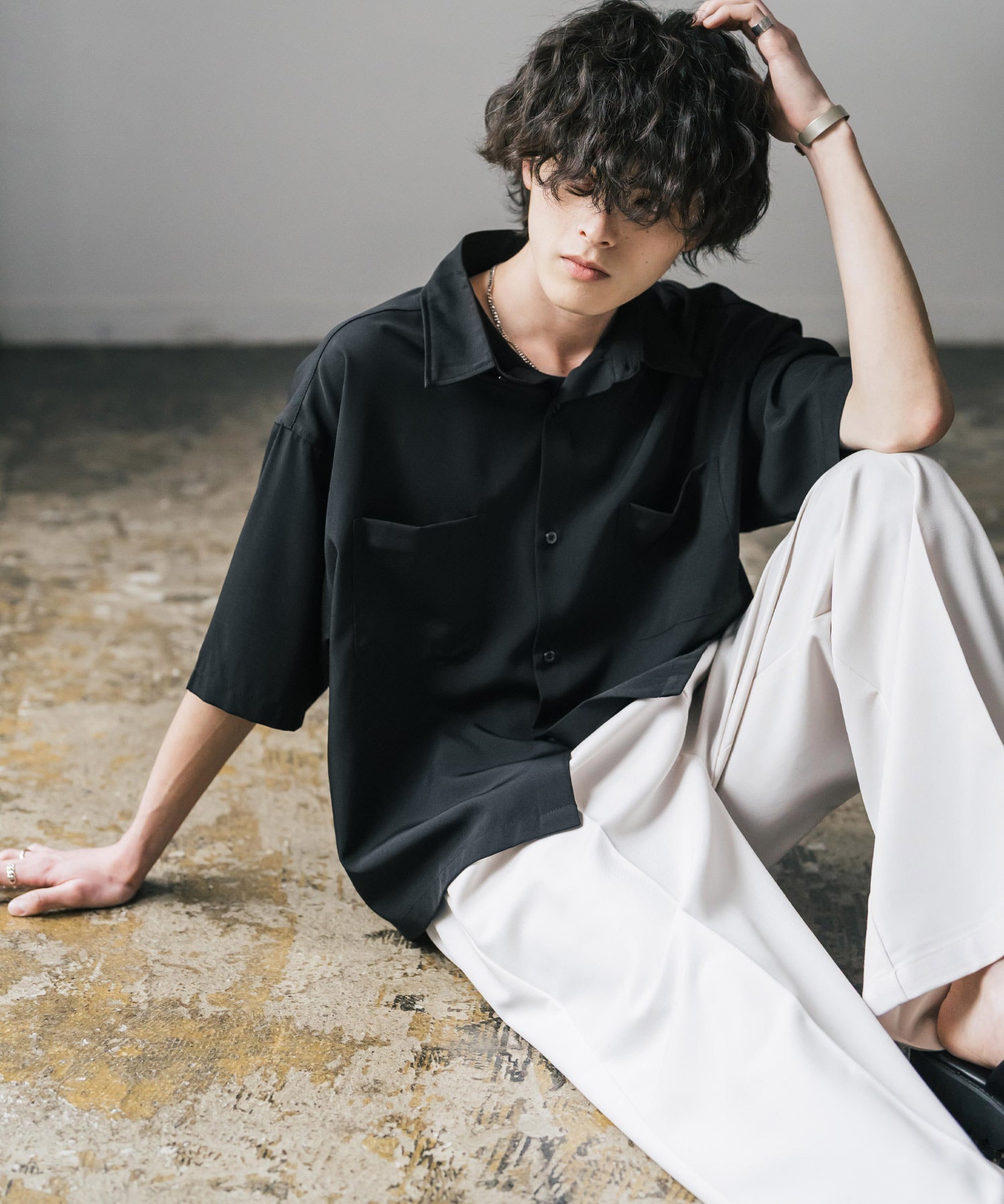 接触冷感 オーバーサイズとろみショート丈半袖シャツ/短丈ハーフスリーブシャツ 15366