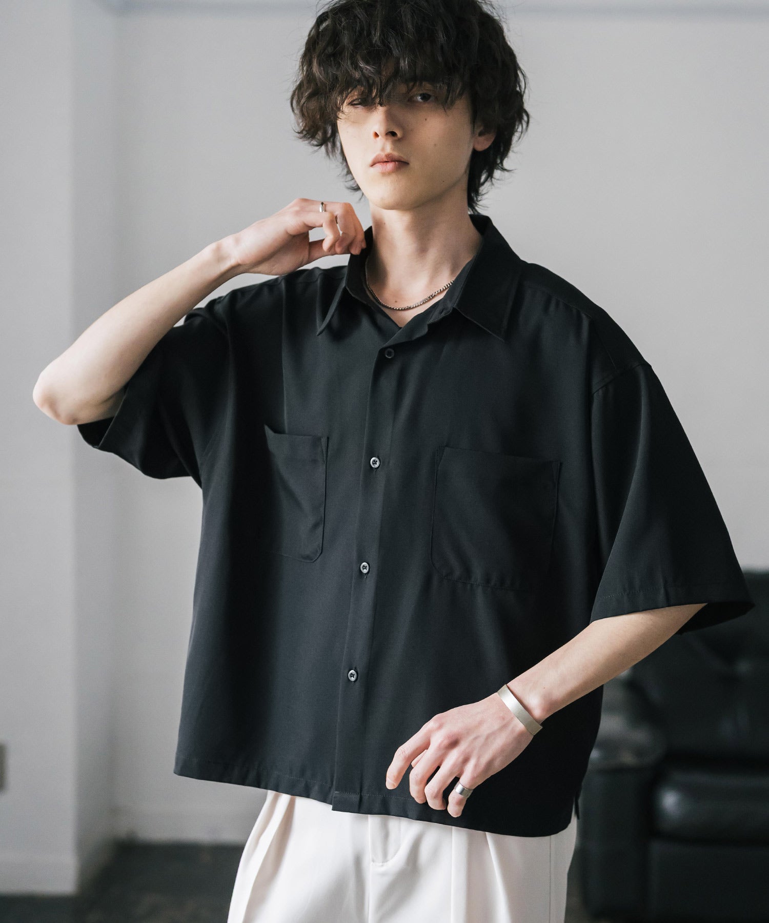 接触冷感 オーバーサイズとろみショート丈半袖シャツ/短丈ハーフスリーブシャツ 15366