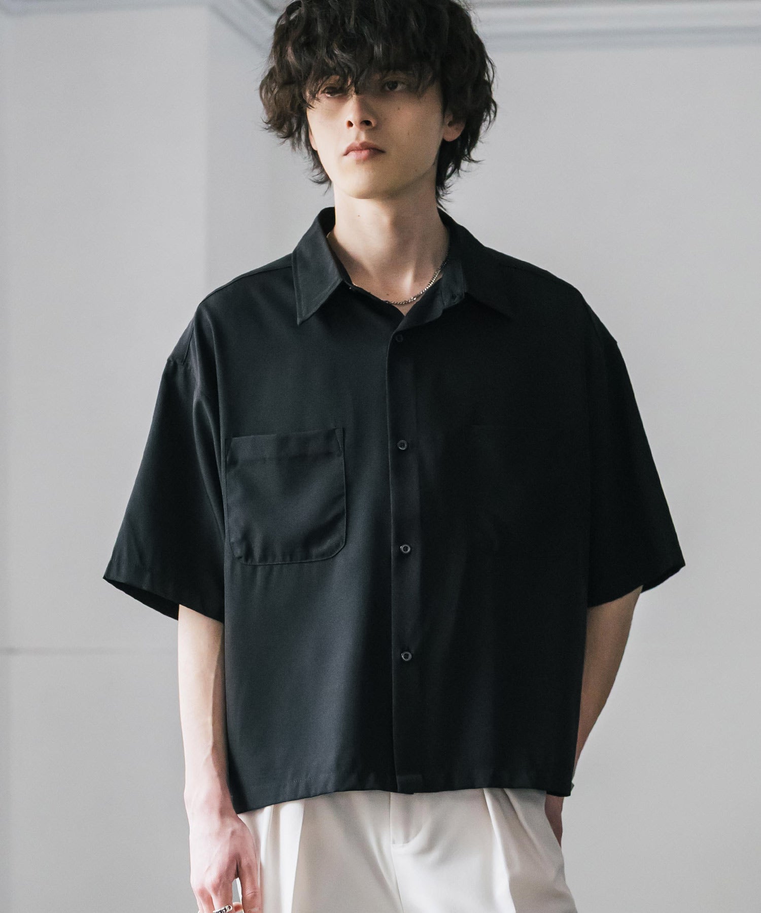 接触冷感 オーバーサイズとろみショート丈半袖シャツ/短丈ハーフスリーブシャツ 15366