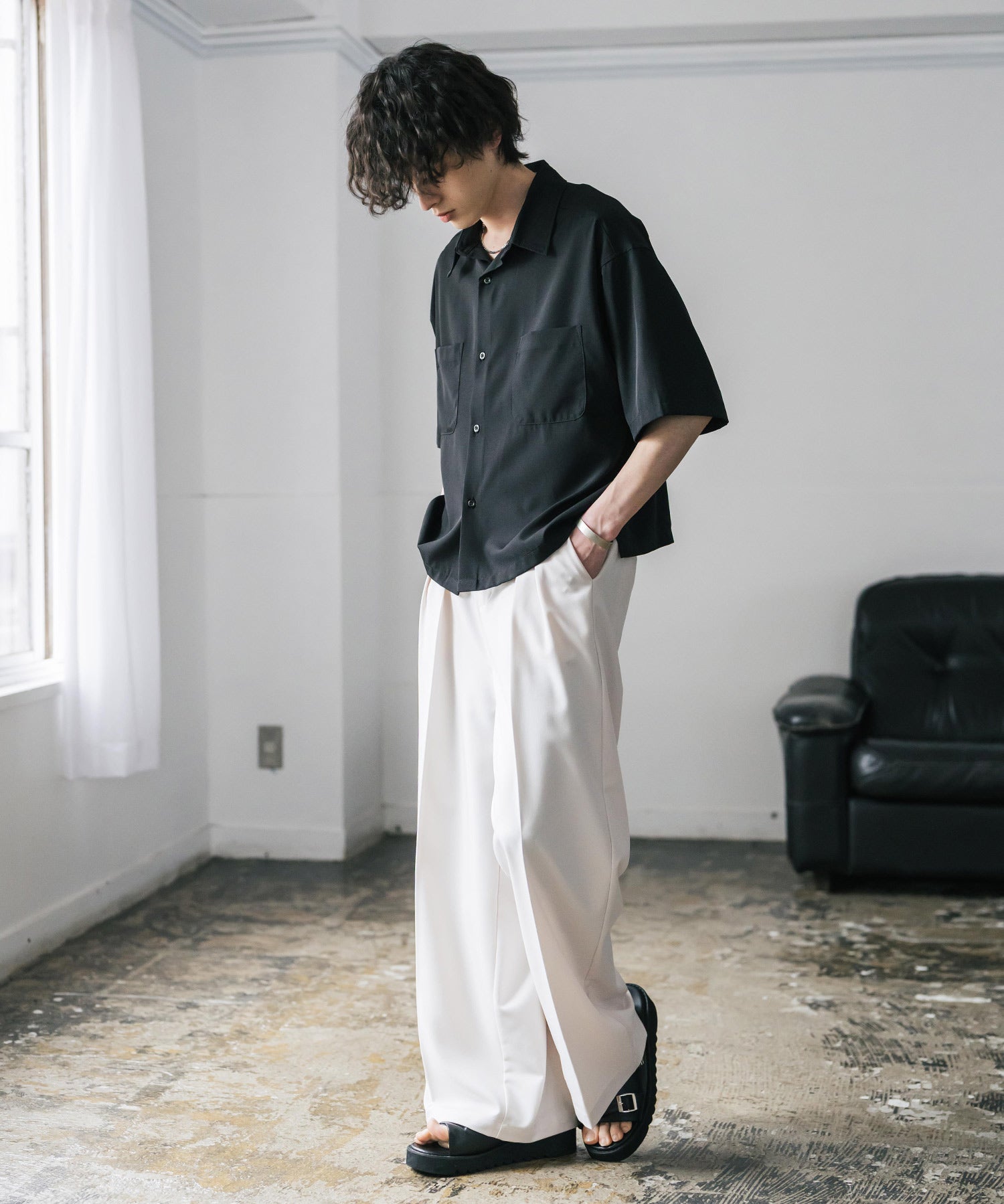 接触冷感 オーバーサイズとろみショート丈半袖シャツ/短丈ハーフスリーブシャツ 15366