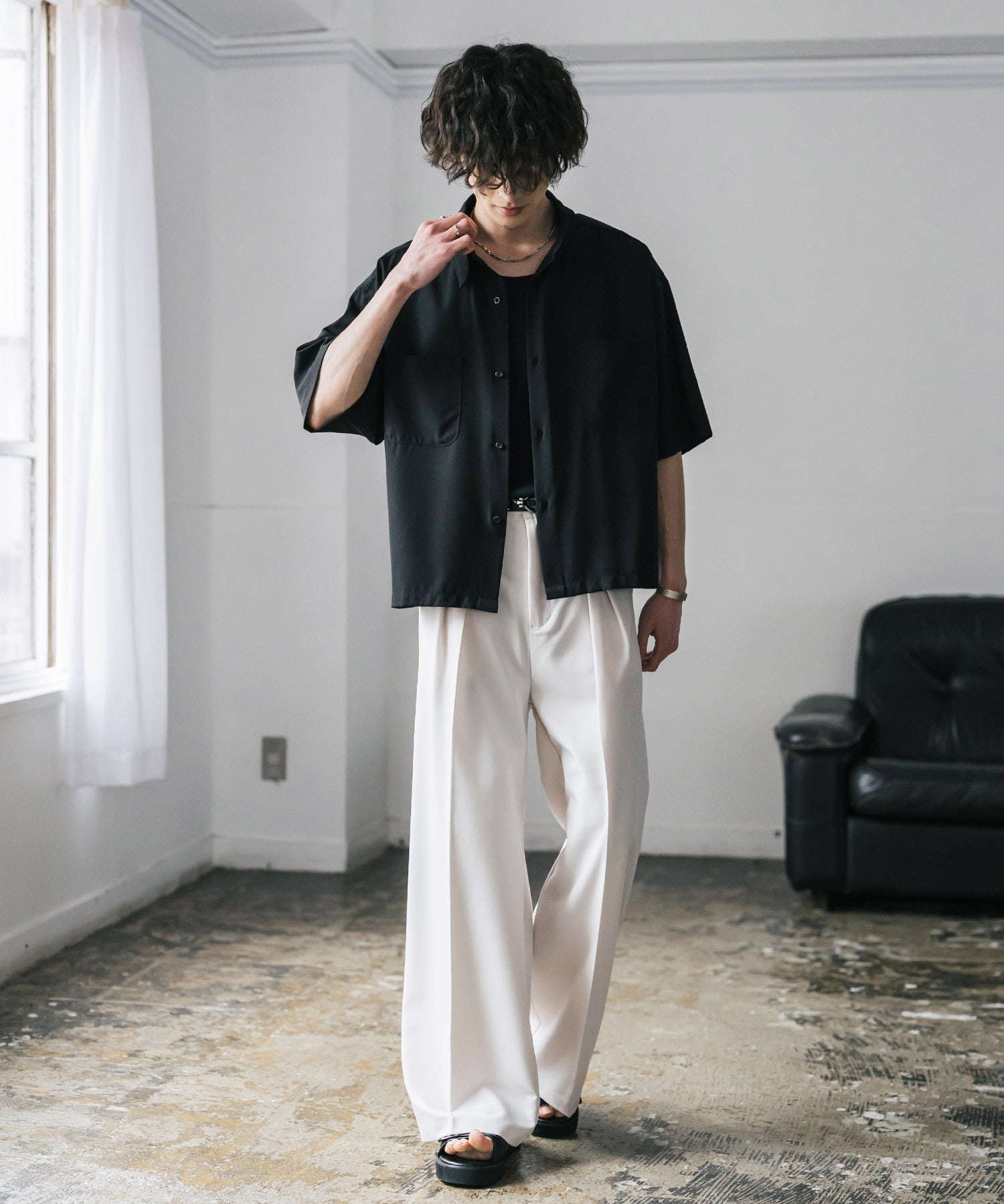 接触冷感 オーバーサイズとろみショート丈半袖シャツ/短丈ハーフスリーブシャツ 15366