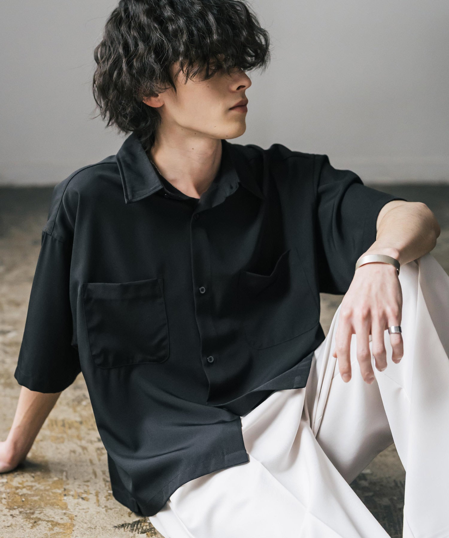 接触冷感 オーバーサイズとろみショート丈半袖シャツ/短丈ハーフスリーブシャツ 15366