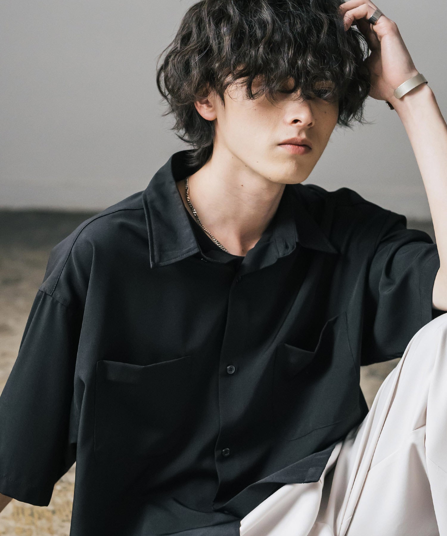 接触冷感 オーバーサイズとろみショート丈半袖シャツ/短丈ハーフスリーブシャツ 15366