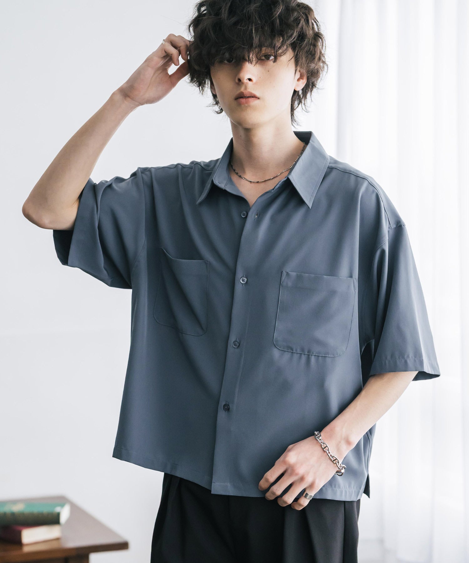 接触冷感 オーバーサイズとろみショート丈半袖シャツ/短丈ハーフスリーブシャツ 15366