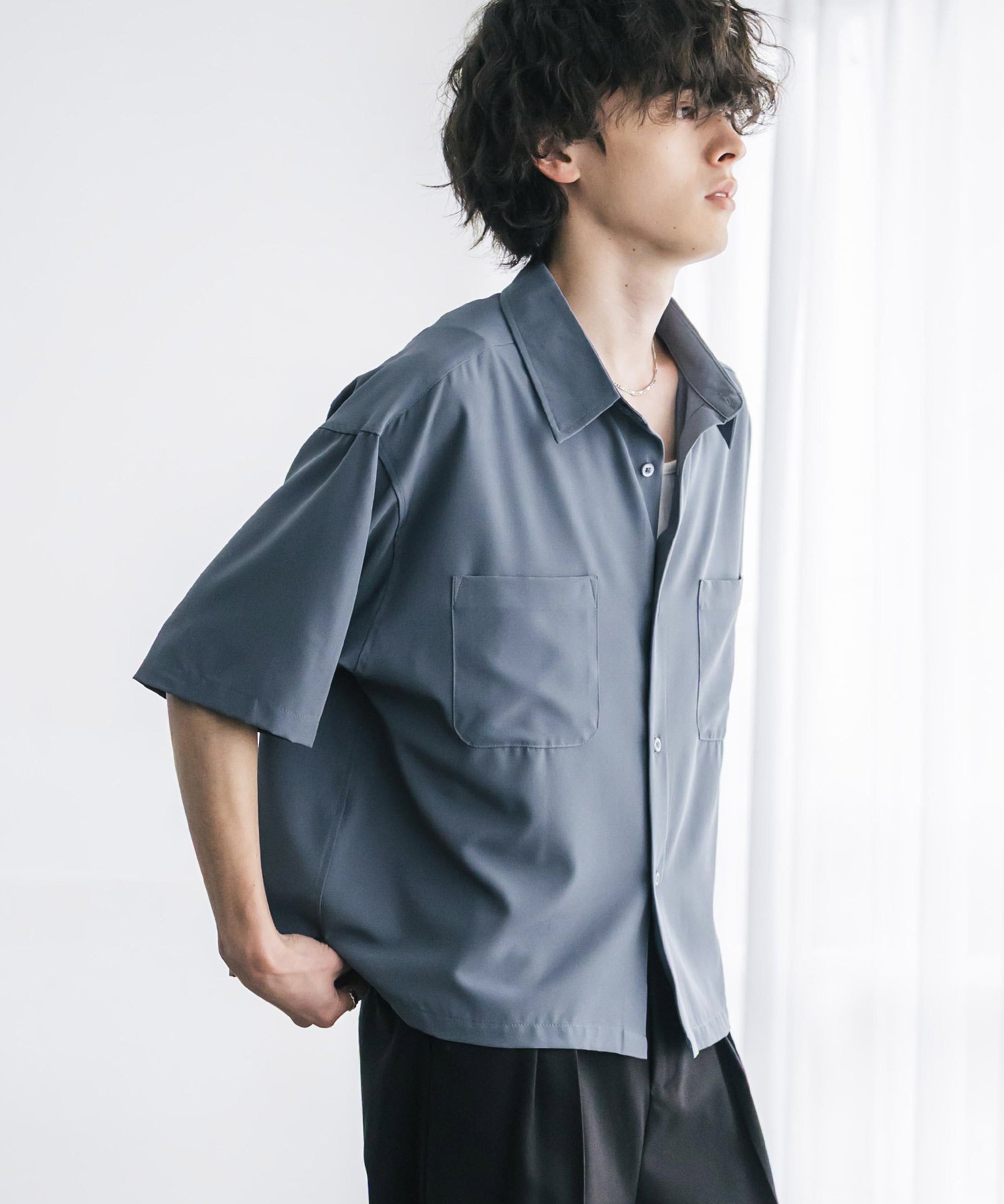 接触冷感 オーバーサイズとろみショート丈半袖シャツ/短丈ハーフスリーブシャツ 15366