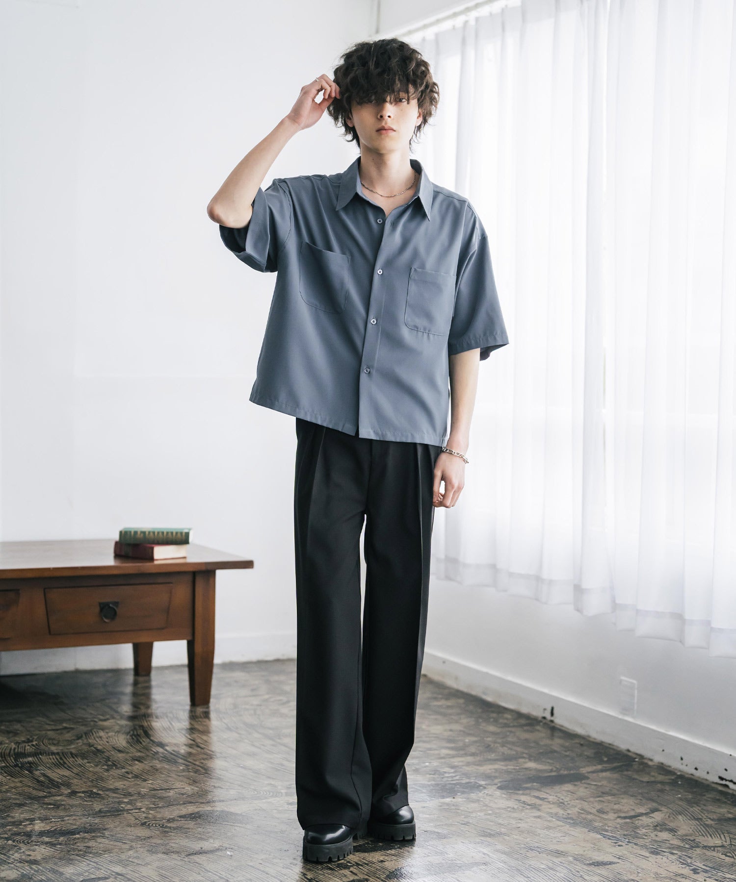 接触冷感 オーバーサイズとろみショート丈半袖シャツ/短丈ハーフスリーブシャツ 15366