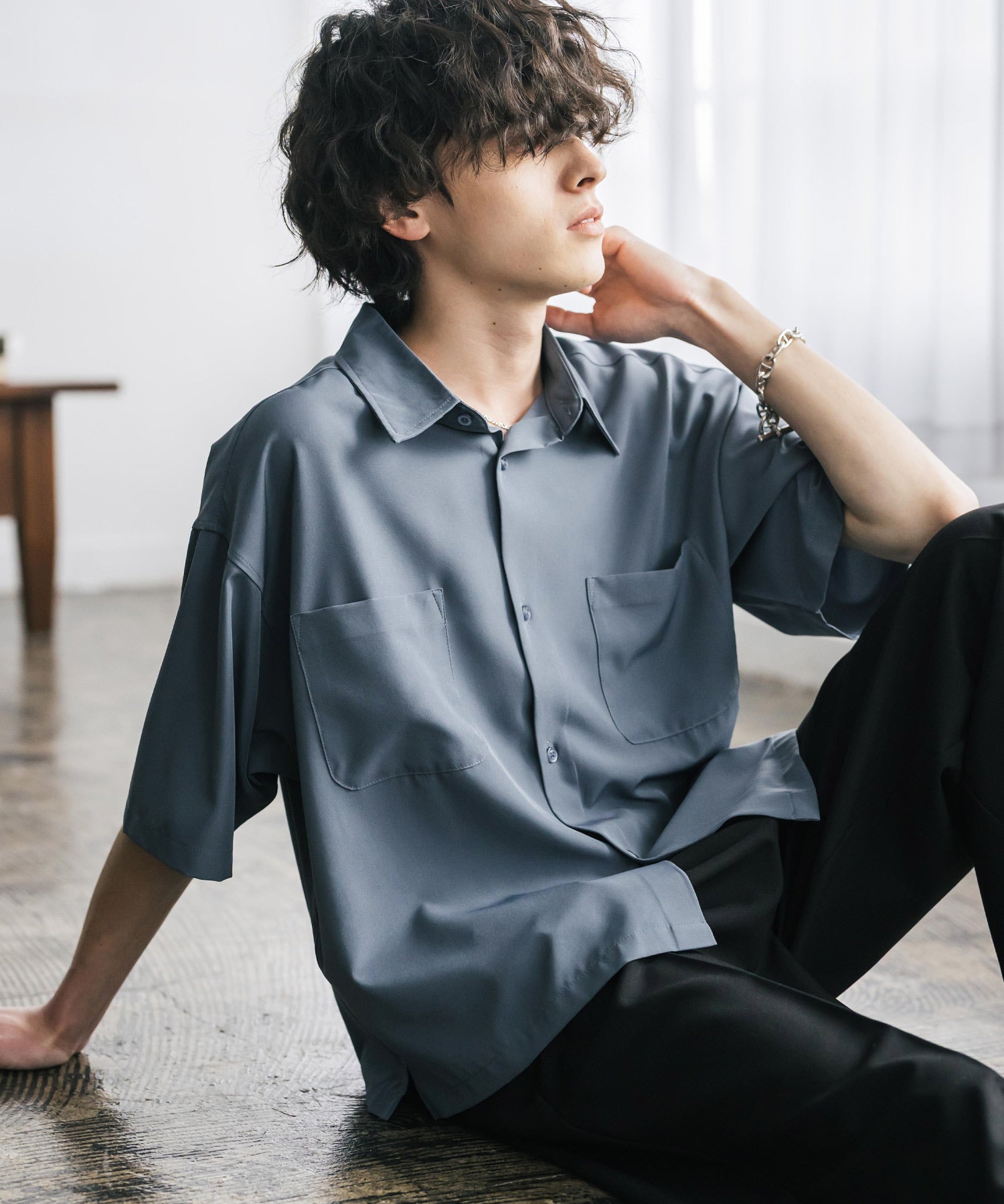 接触冷感 オーバーサイズとろみショート丈半袖シャツ/短丈ハーフスリーブシャツ 15366