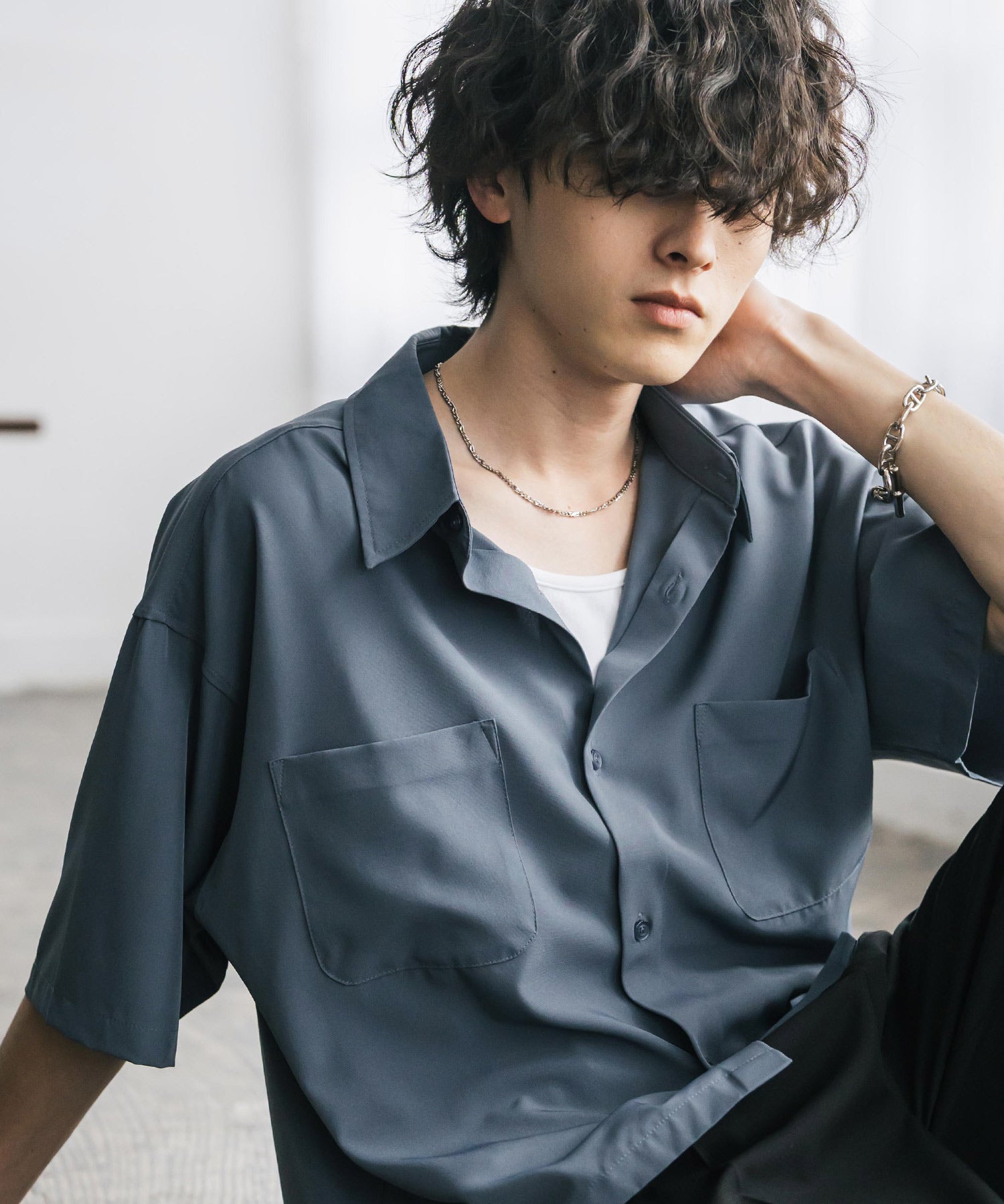 接触冷感 オーバーサイズとろみショート丈半袖シャツ/短丈ハーフスリーブシャツ 15366