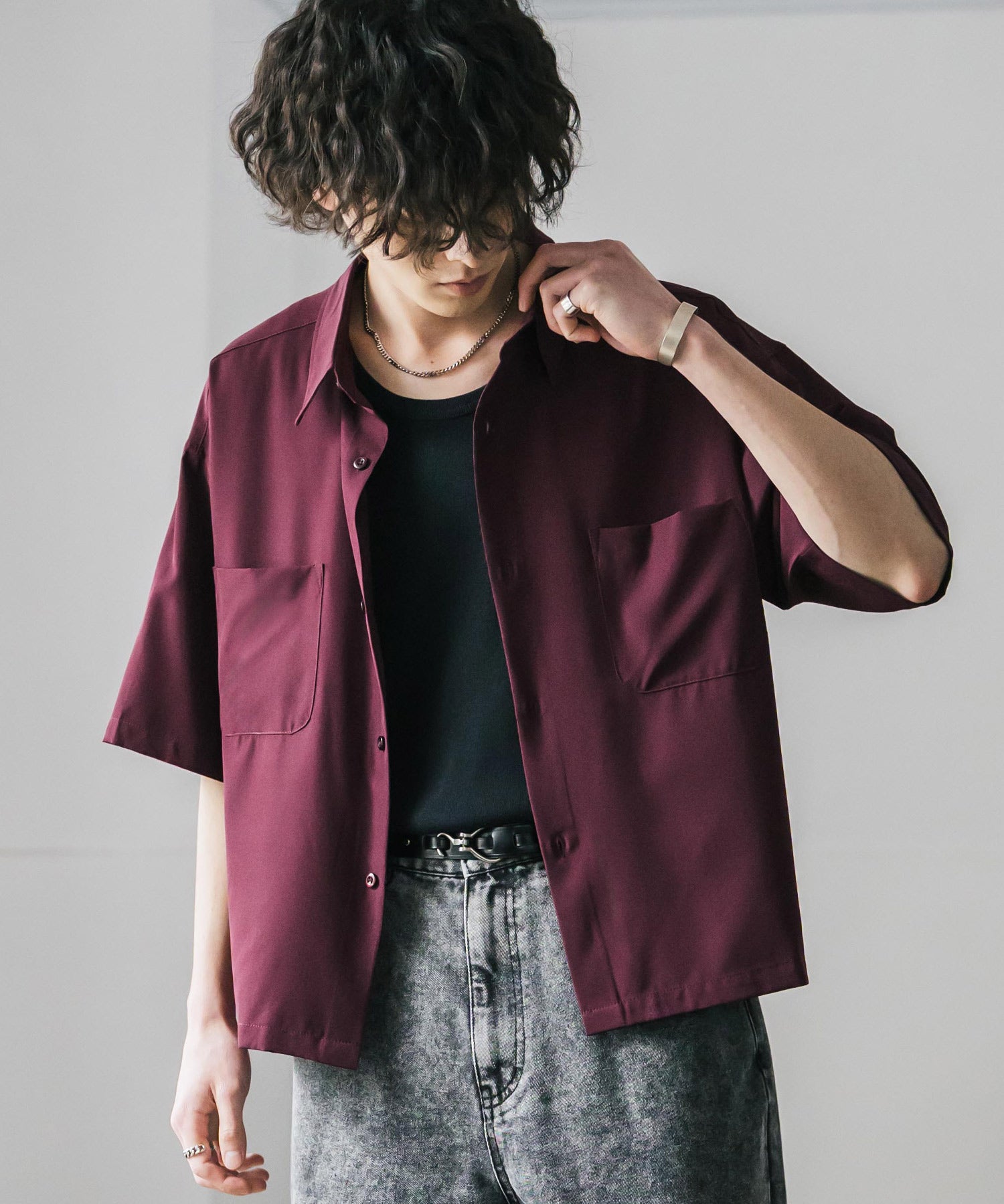 接触冷感 オーバーサイズとろみショート丈半袖シャツ/短丈ハーフスリーブシャツ 15366