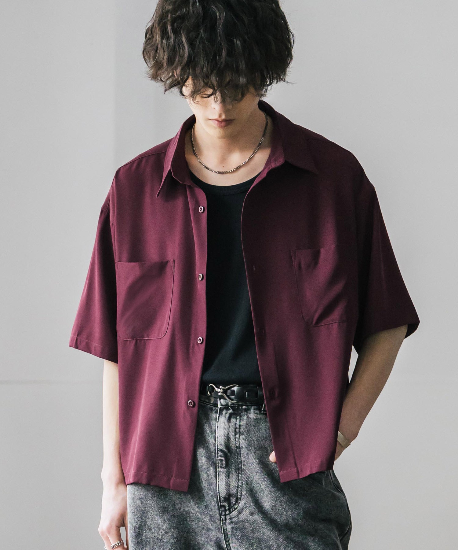 接触冷感 オーバーサイズとろみショート丈半袖シャツ/短丈ハーフスリーブシャツ 15366