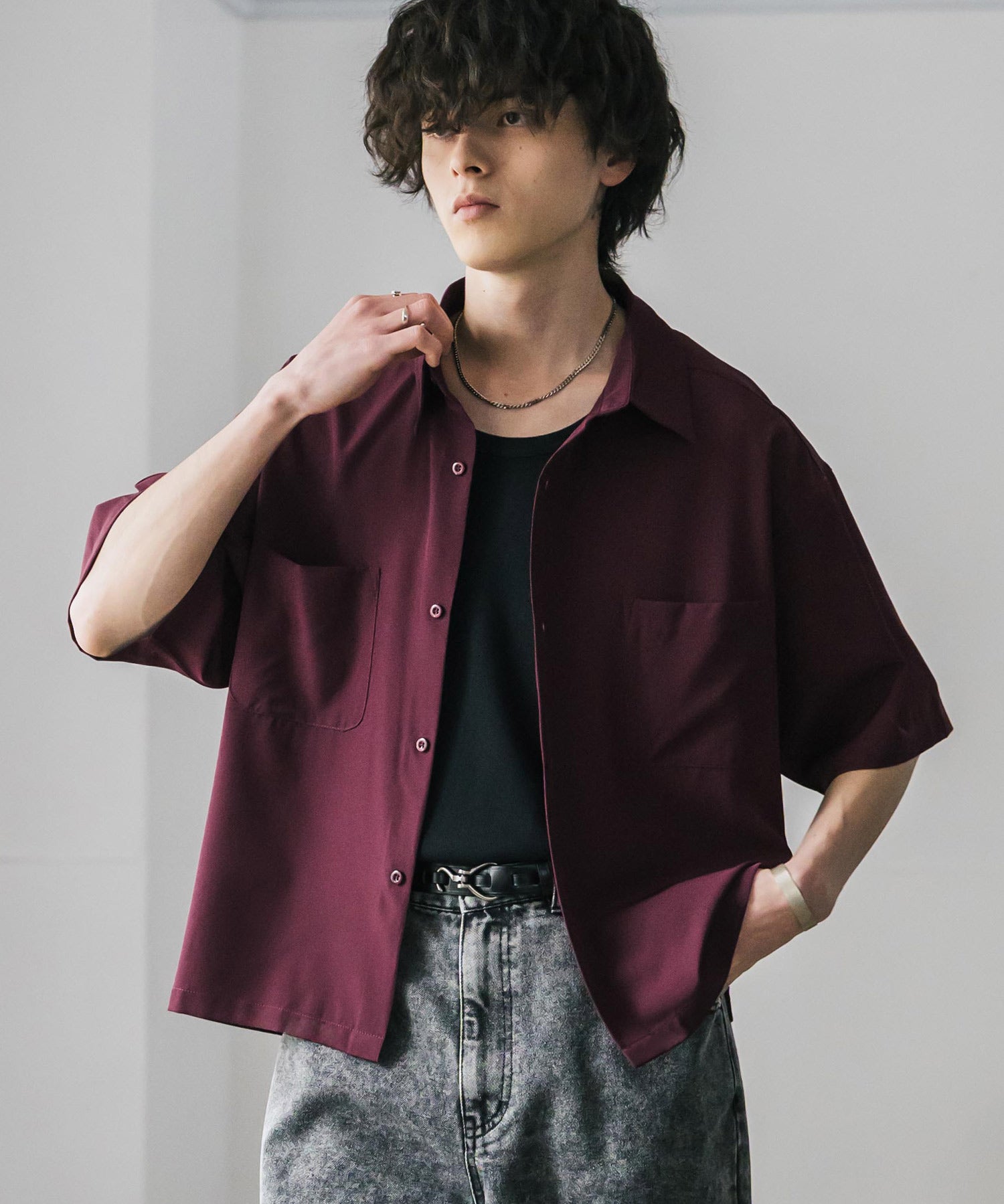 接触冷感 オーバーサイズとろみショート丈半袖シャツ/短丈ハーフスリーブシャツ 15366