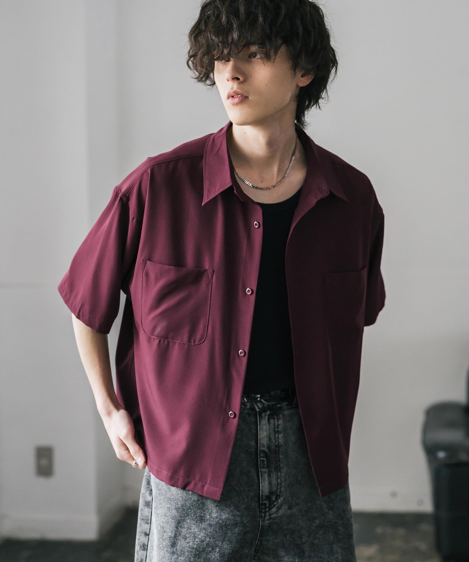 接触冷感 オーバーサイズとろみショート丈半袖シャツ/短丈ハーフスリーブシャツ 15366