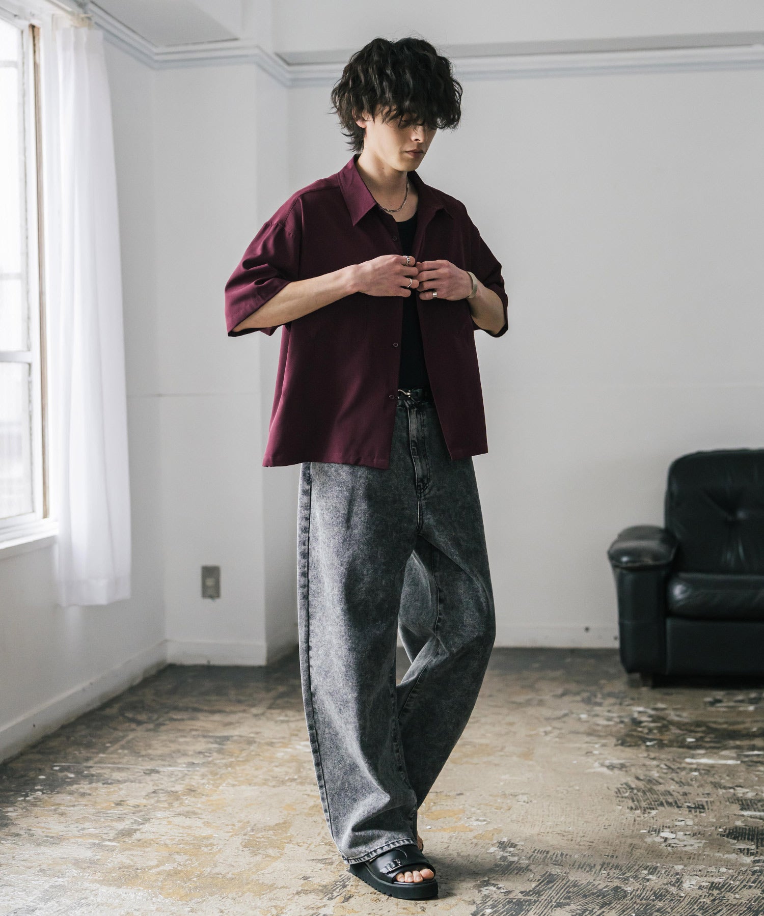 接触冷感 オーバーサイズとろみショート丈半袖シャツ/短丈ハーフスリーブシャツ 15366