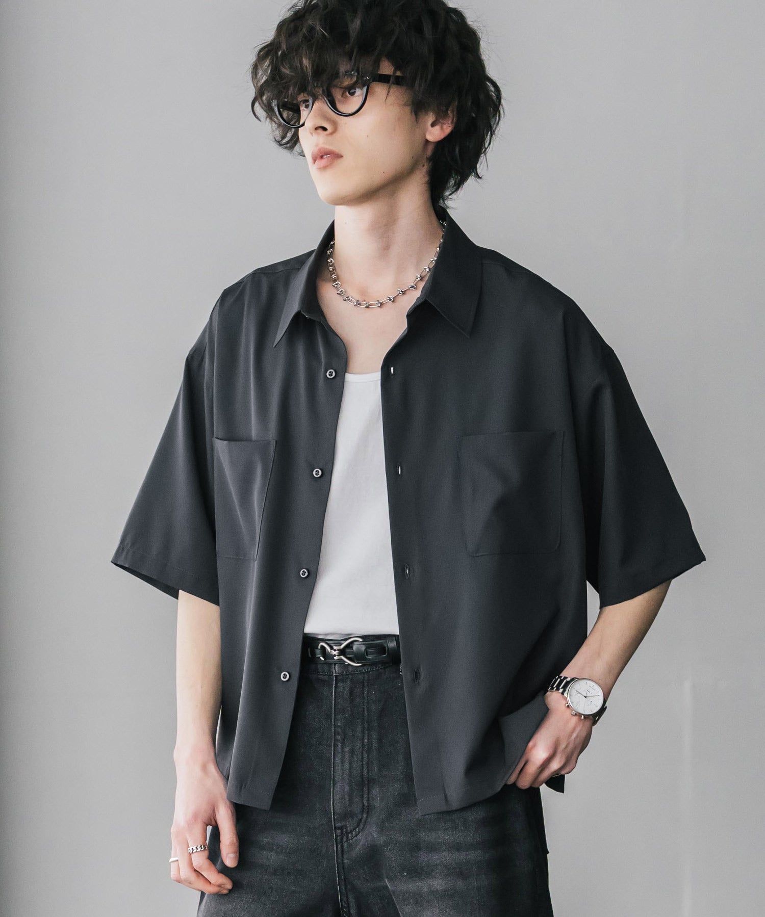 接触冷感 オーバーサイズとろみショート丈半袖シャツ/短丈ハーフスリーブシャツ 15366