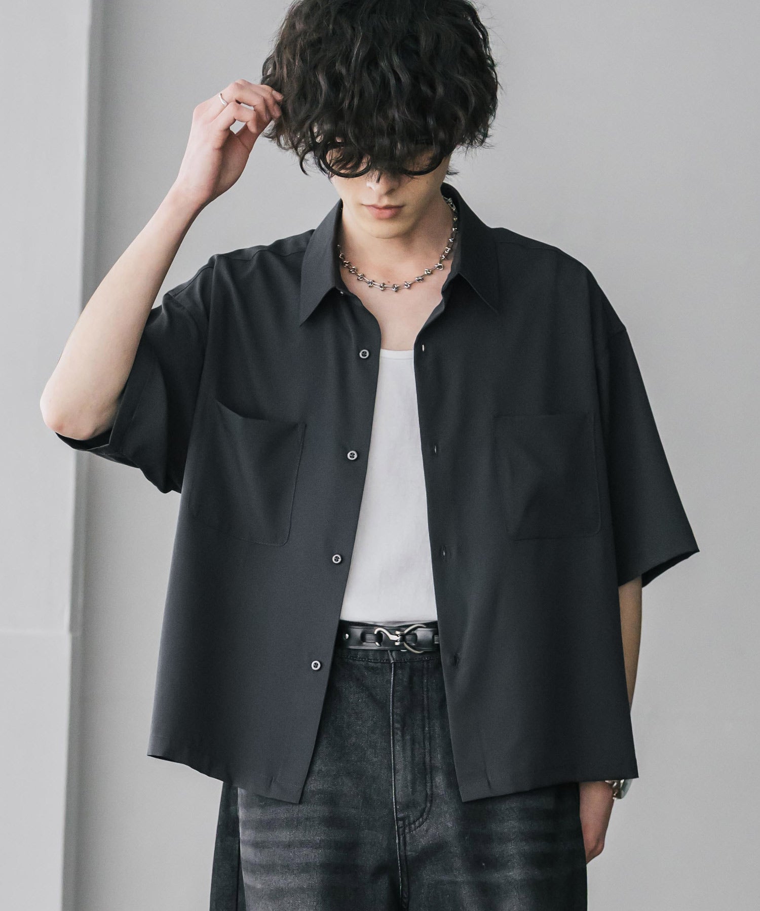 接触冷感 オーバーサイズとろみショート丈半袖シャツ/短丈ハーフスリーブシャツ 15366