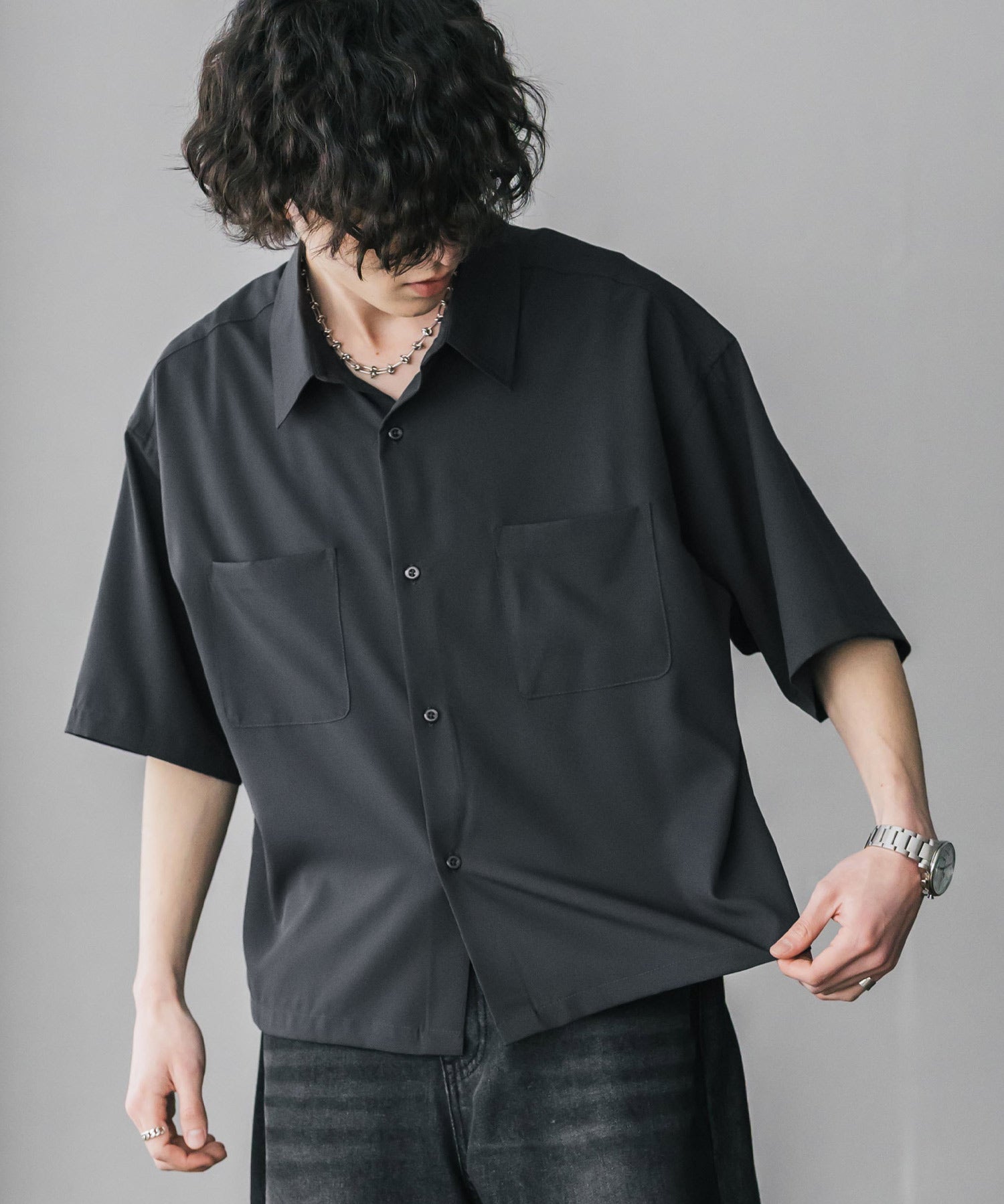 接触冷感 オーバーサイズとろみショート丈半袖シャツ/短丈ハーフスリーブシャツ 15366
