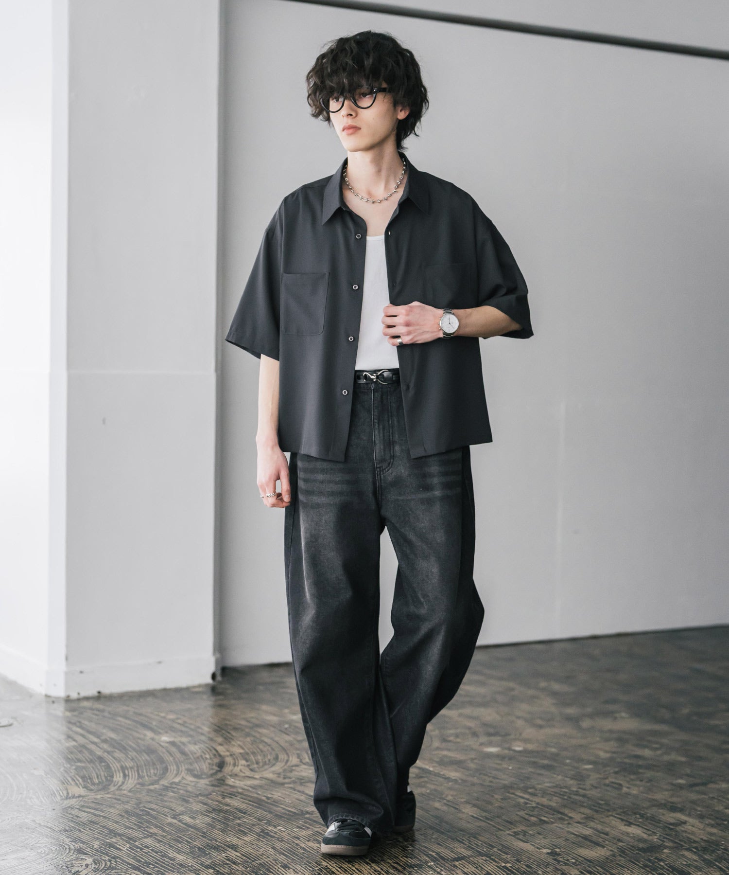 接触冷感 オーバーサイズとろみショート丈半袖シャツ/短丈ハーフスリーブシャツ 15366