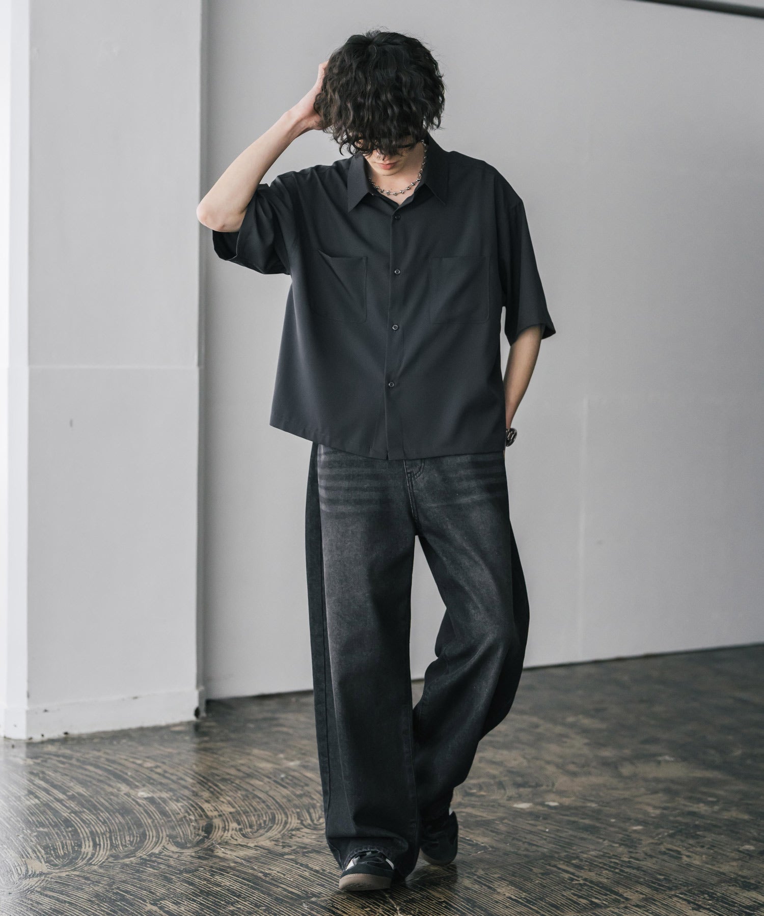 接触冷感 オーバーサイズとろみショート丈半袖シャツ/短丈ハーフスリーブシャツ 15366