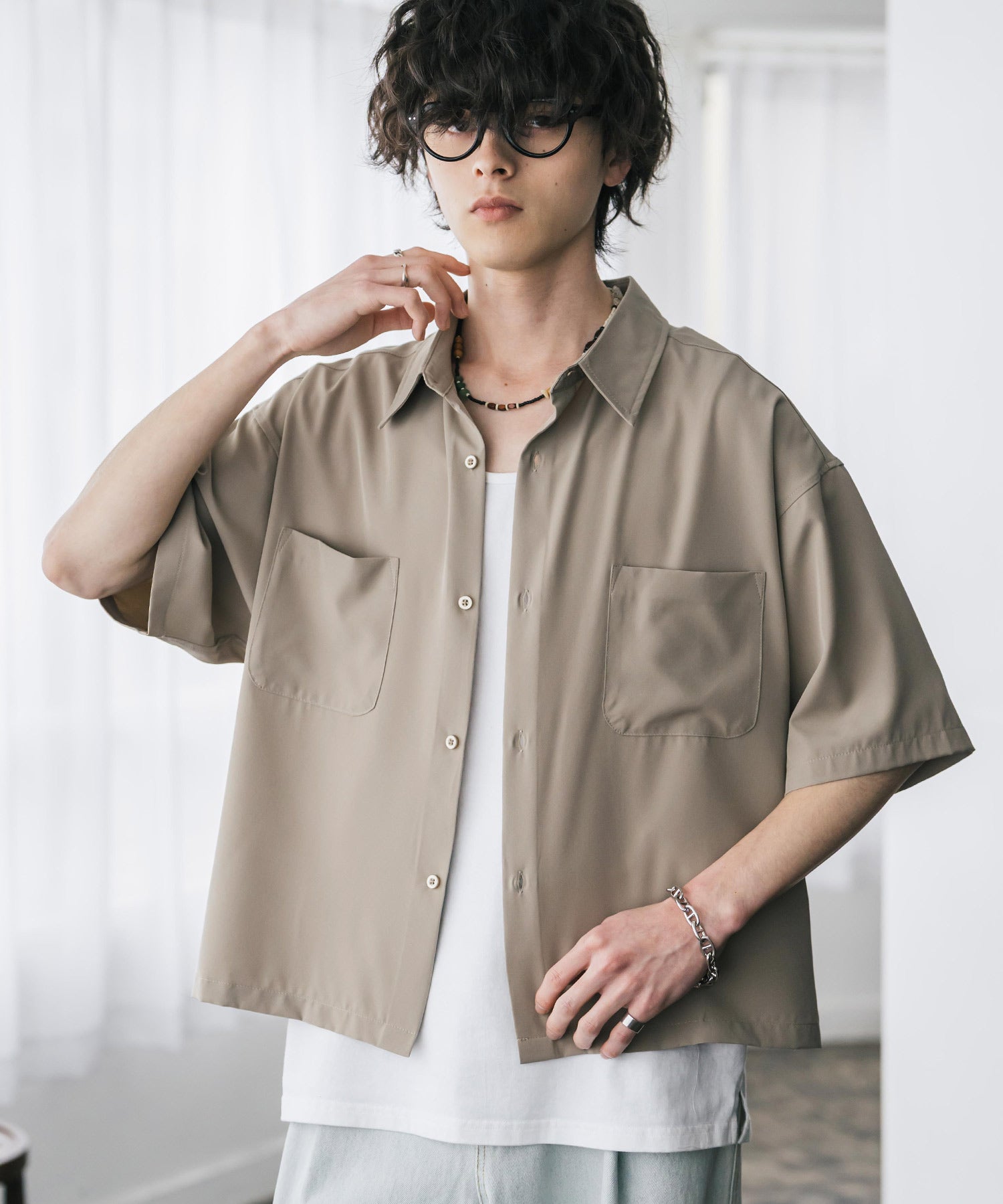 接触冷感 オーバーサイズとろみショート丈半袖シャツ/短丈ハーフスリーブシャツ 15366