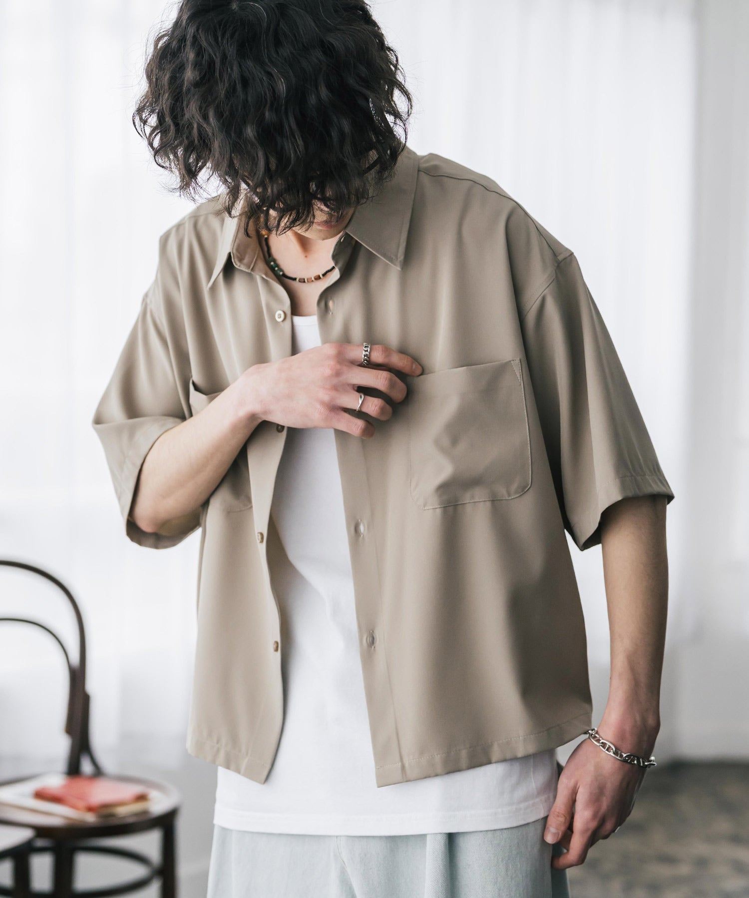 接触冷感 オーバーサイズとろみショート丈半袖シャツ/短丈ハーフスリーブシャツ 15366