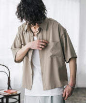 接触冷感 オーバーサイズとろみショート丈半袖シャツ/短丈ハーフスリーブシャツ 15366