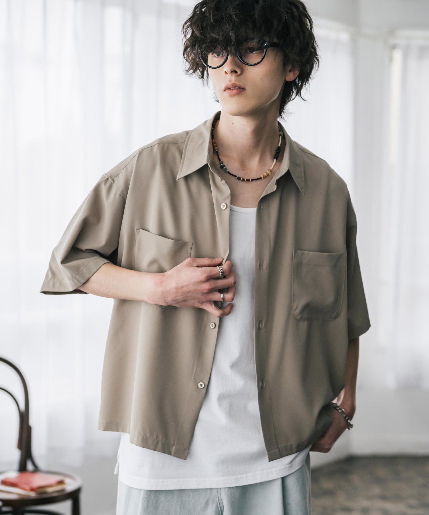 接触冷感 オーバーサイズとろみショート丈半袖シャツ/短丈ハーフスリーブシャツ 15366