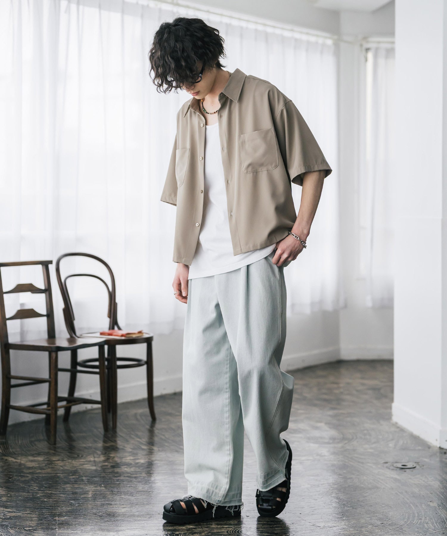 接触冷感 オーバーサイズとろみショート丈半袖シャツ/短丈ハーフスリーブシャツ 15366