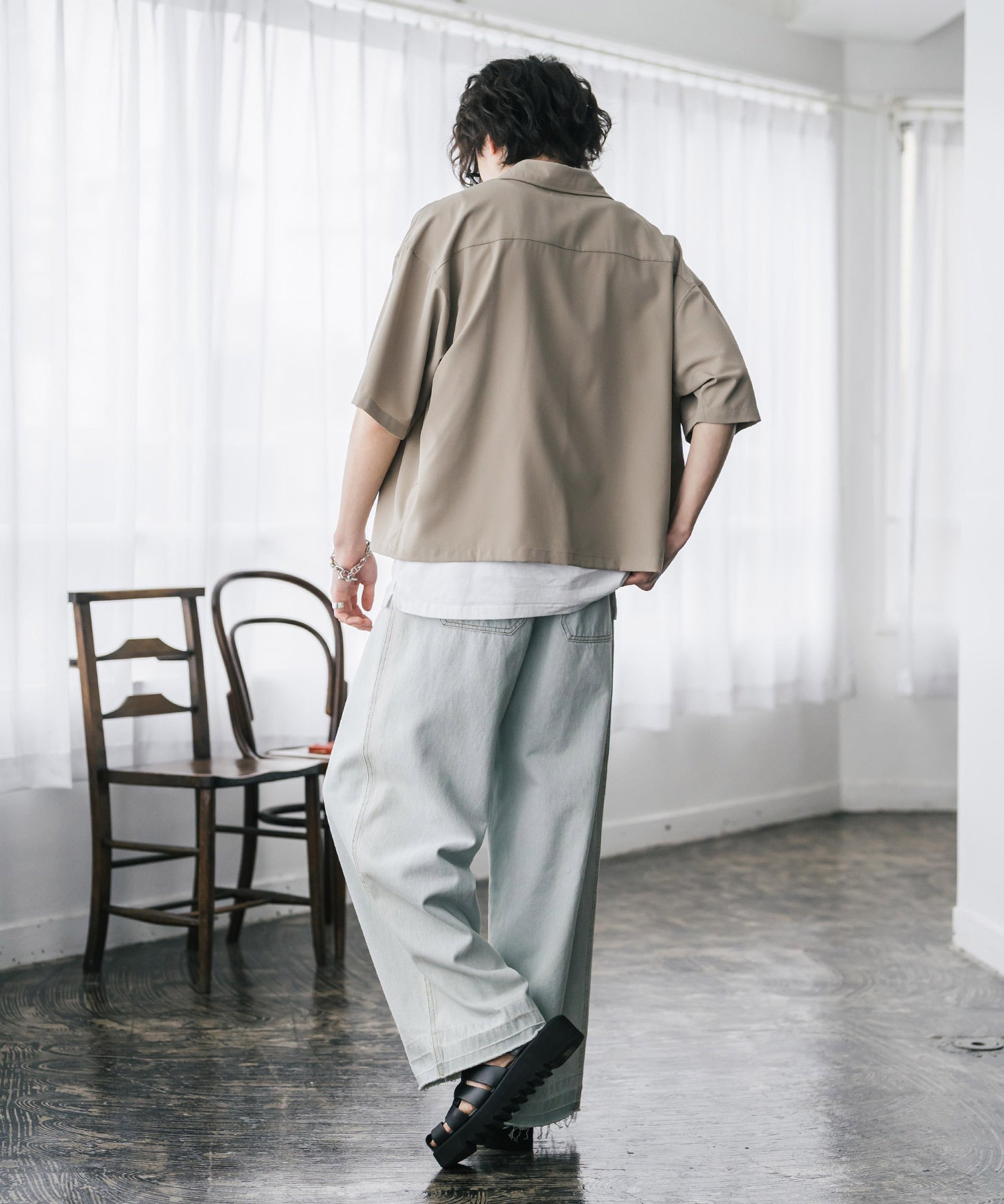 接触冷感 オーバーサイズとろみショート丈半袖シャツ/短丈ハーフスリーブシャツ 15366